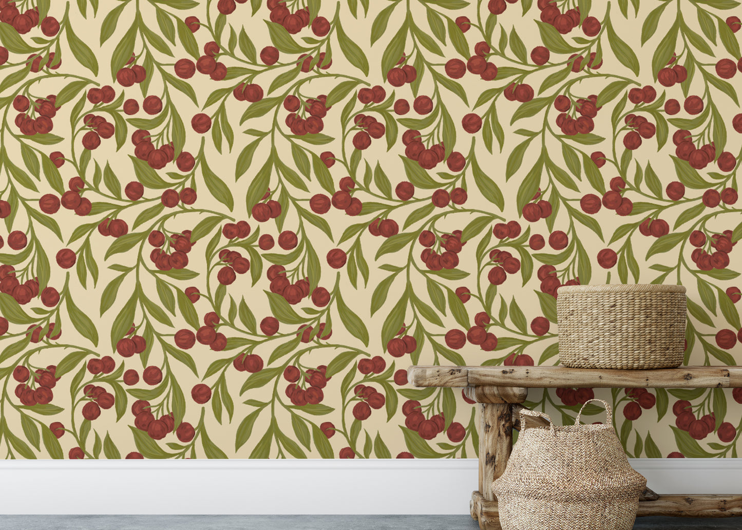 Nature-inspired red wallpaper with autumn berries for warmth.
