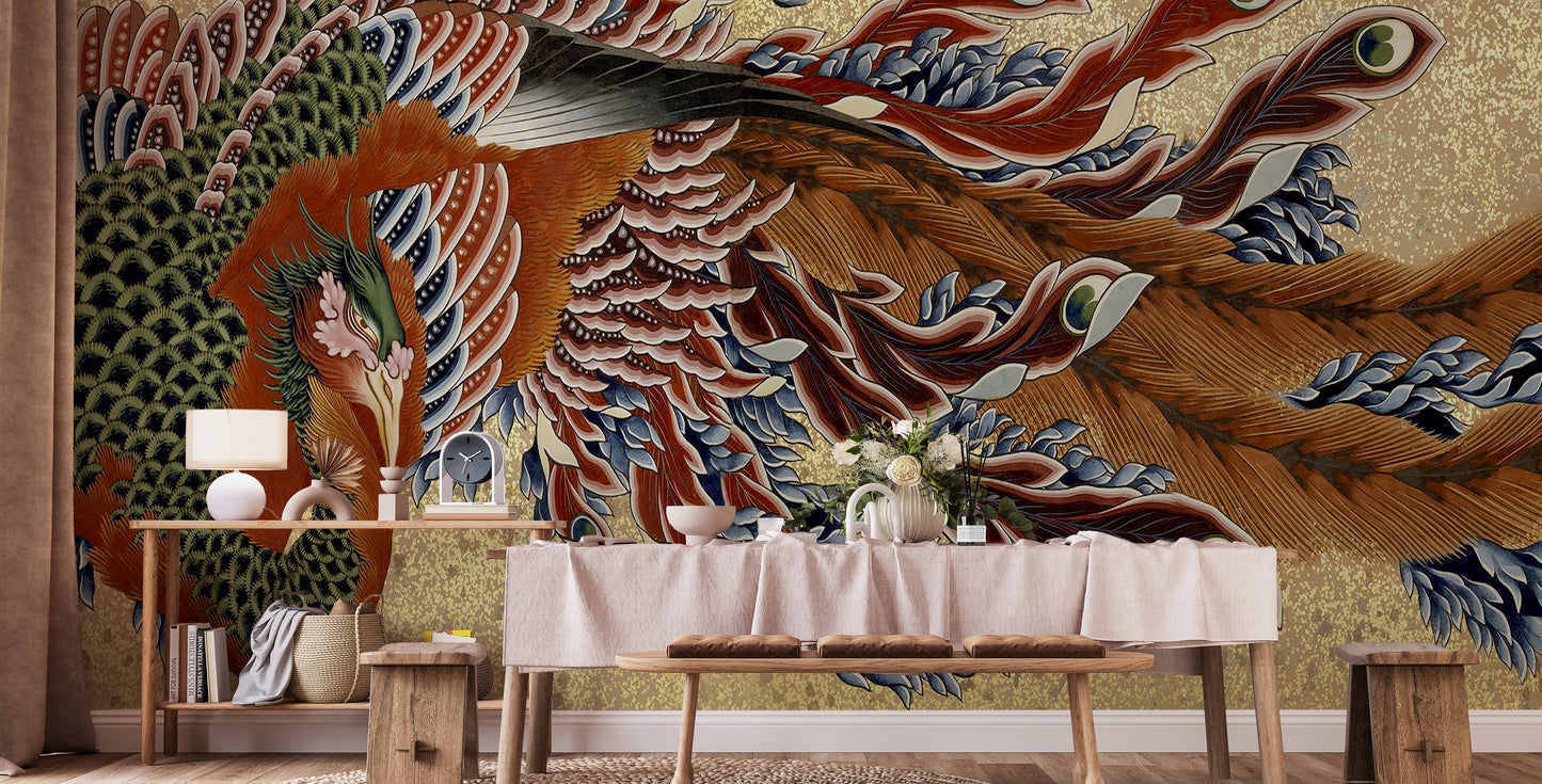 Panoramic Painted Peacock Wallpaper For Walls