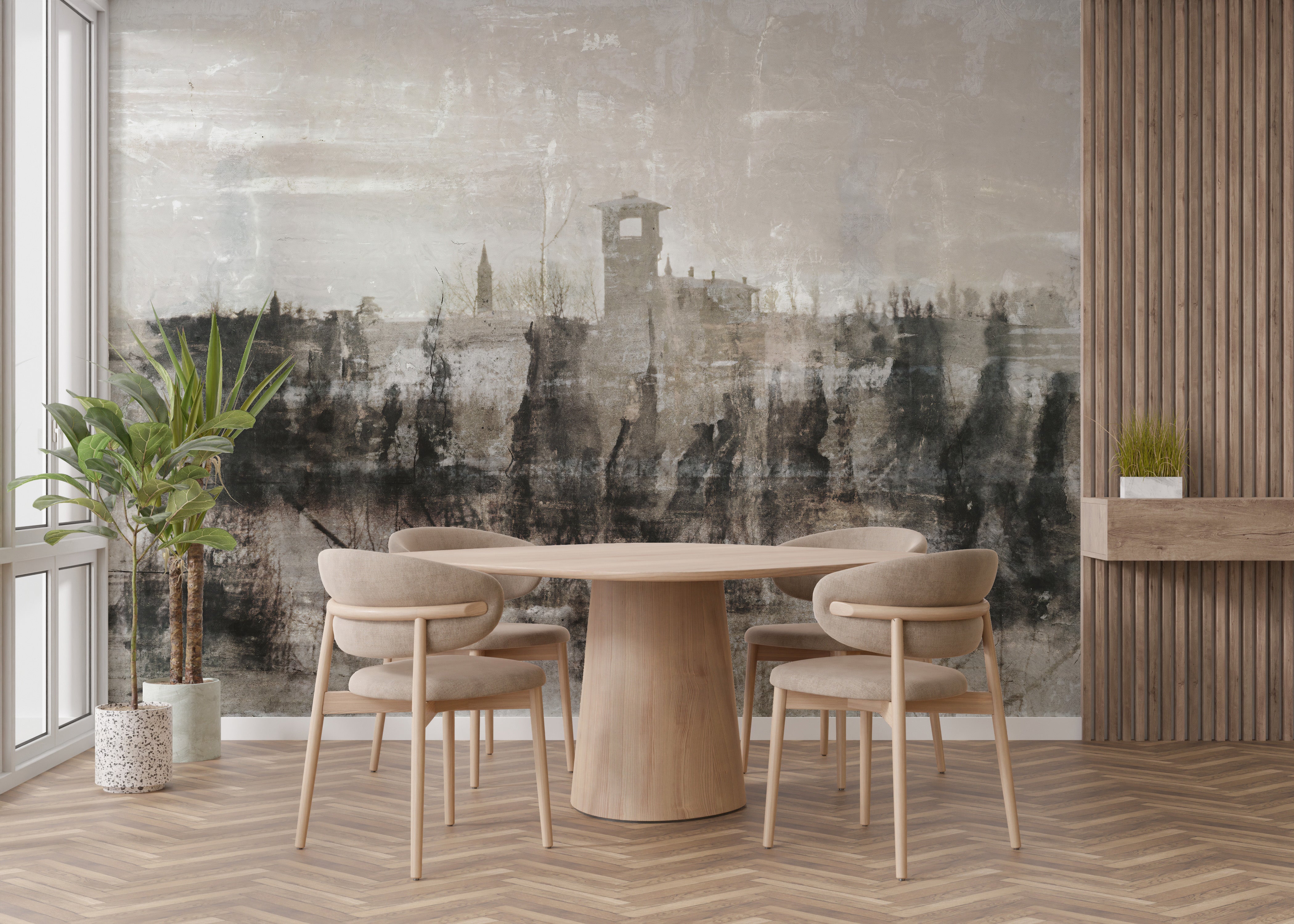 Bold inked ruins mural for modern spaces