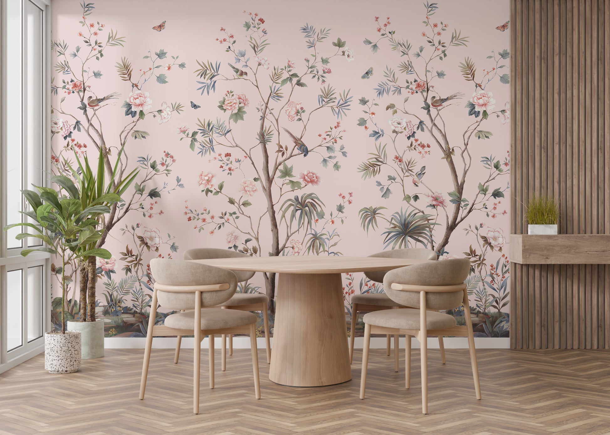 Floral Design Pink Chinoiserie Wallpaper
