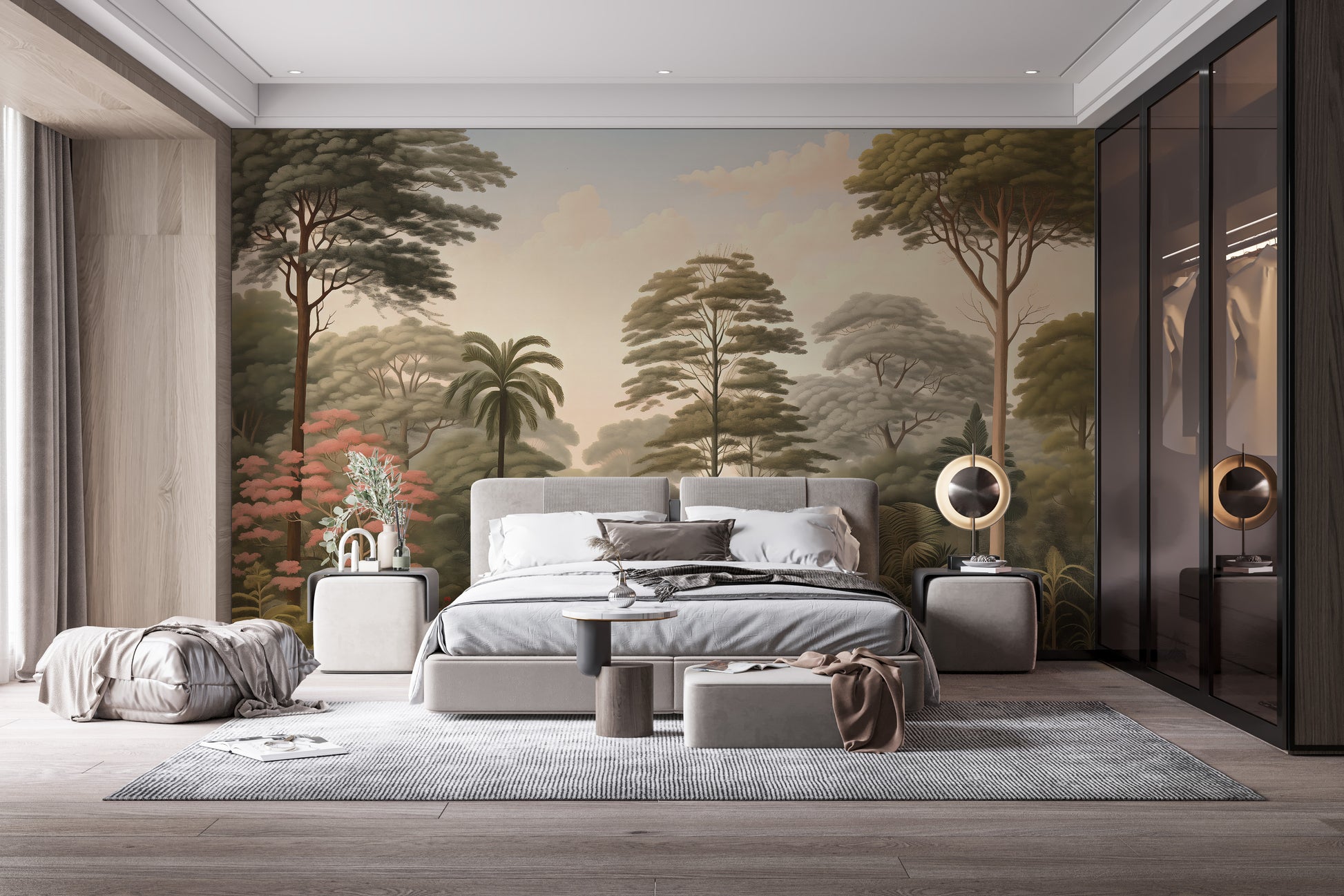 Bring the outdoors in with nature woodcut forest wallpaper murals.
