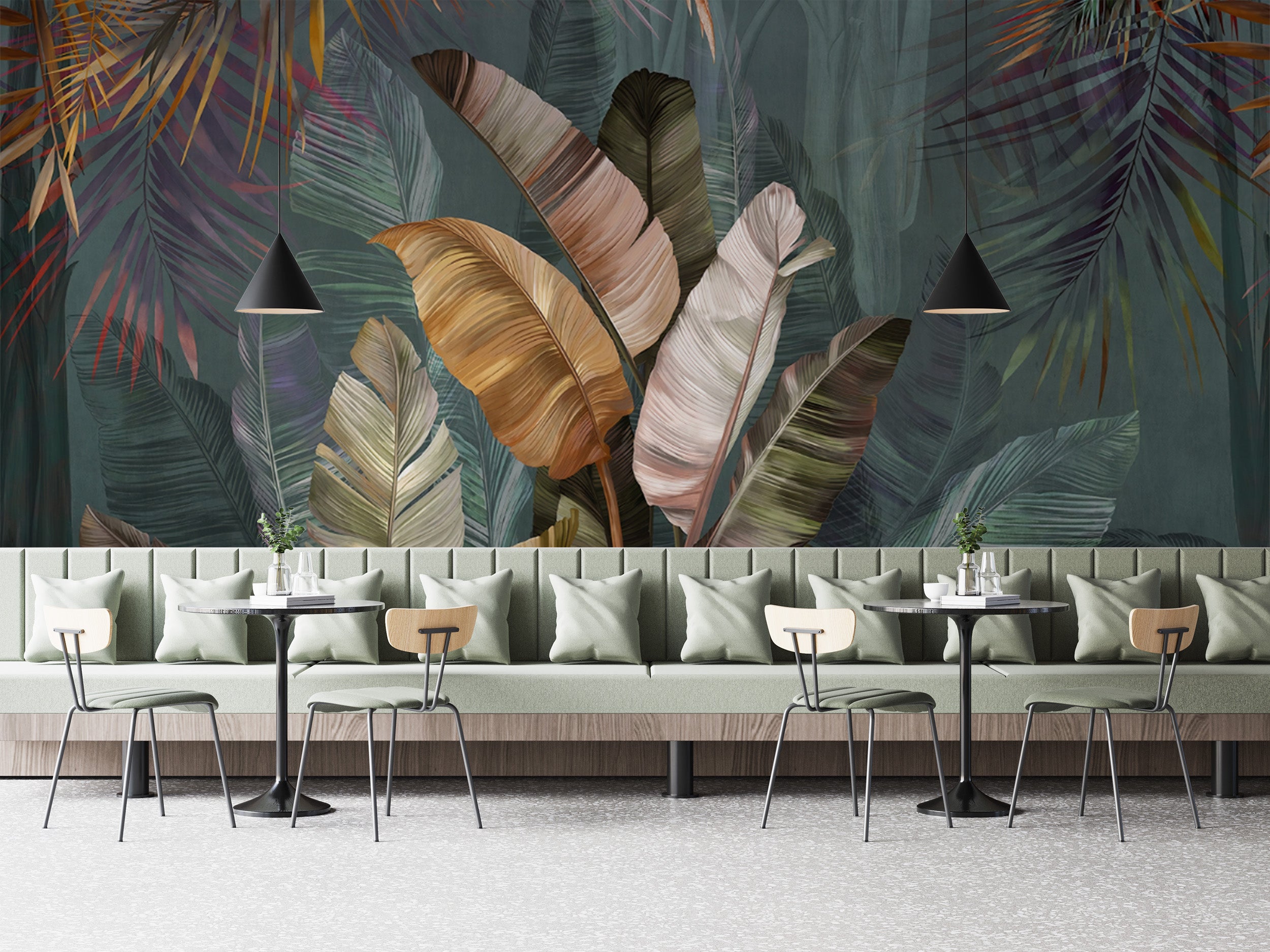 Dramatic living room mural with oversized tropical leaves