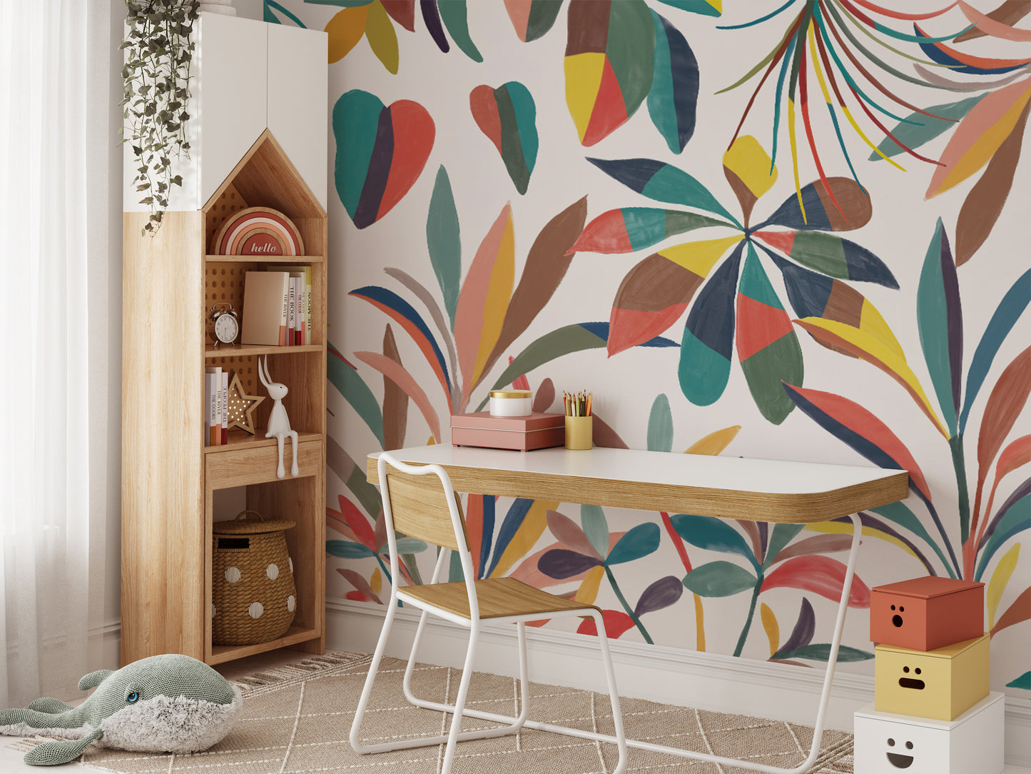 Colorful botanical wall mural with artistic foliage
