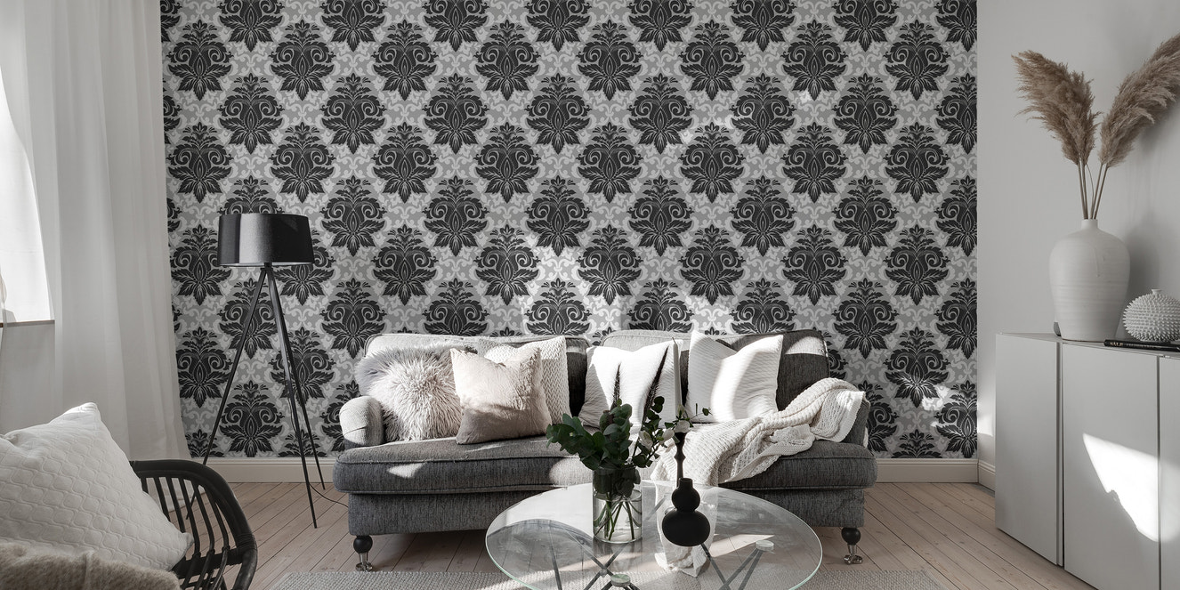 Black and white damask pattern wallpaper mural
