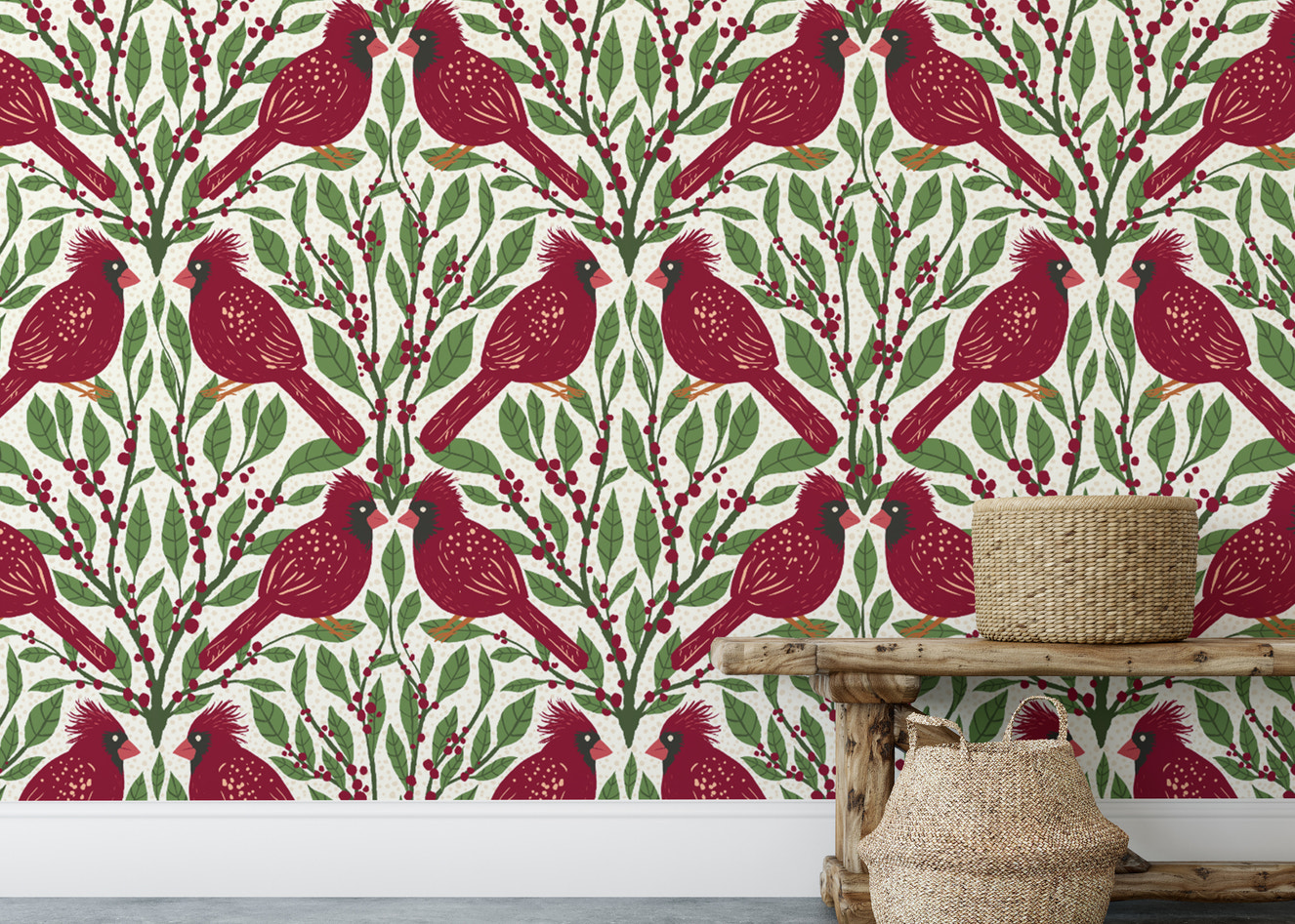 Stunning cardinal bird mural in burgundy red for nature-inspired decor.
