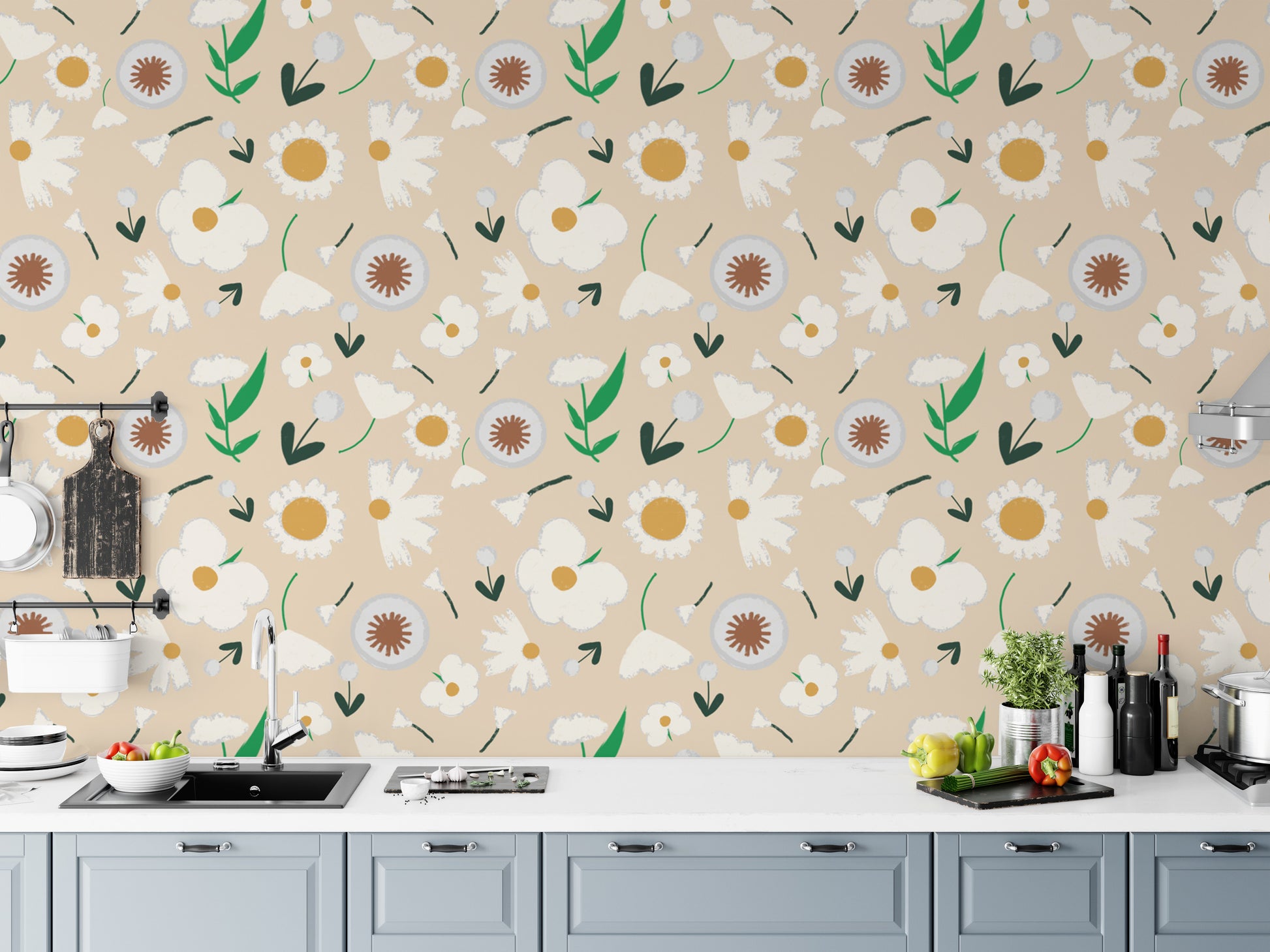 Floral Marigold and Dandelion Pearl Wallpaper style
