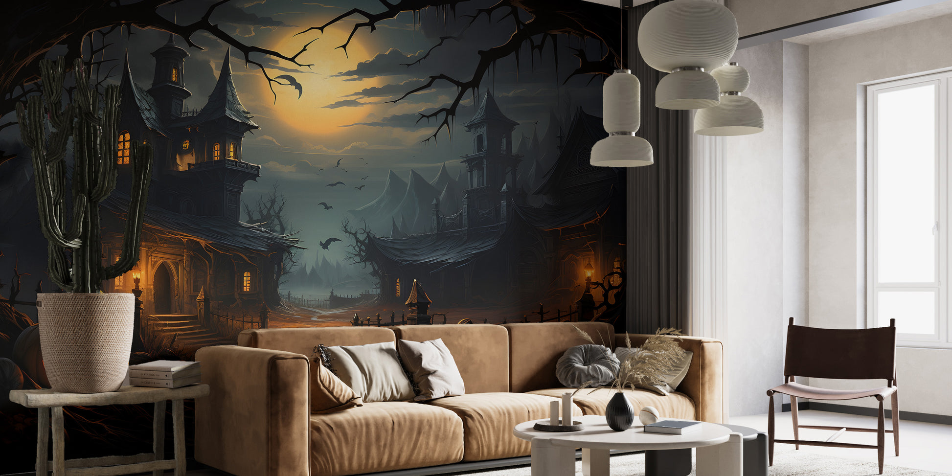 Spooky forest and haunted house mural scene
