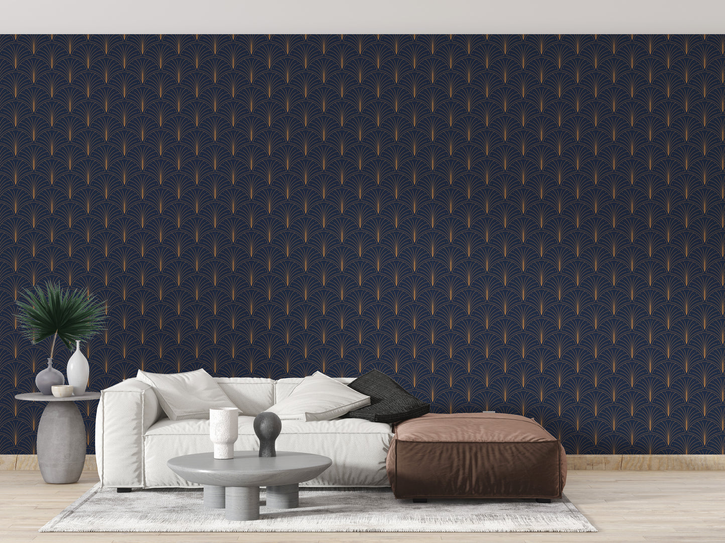 Intricate art deco navy wallpaper motif
