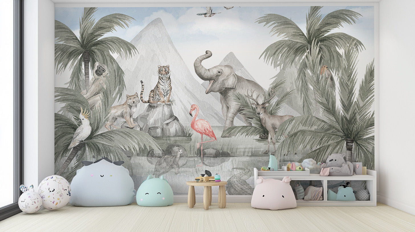 Tropical animals and plants in a stunning wall mural