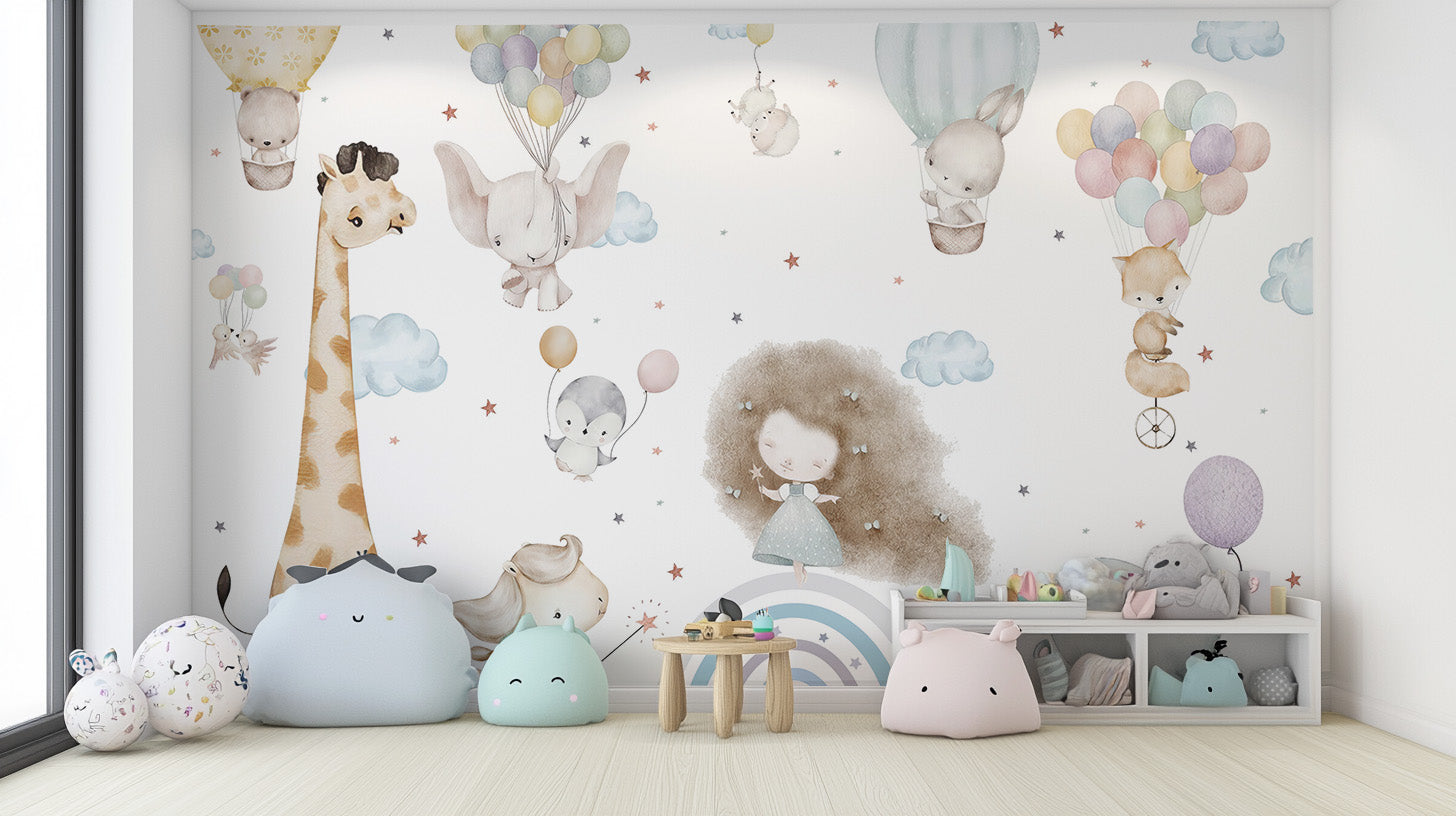 Cloud Nine wallpaper mural with delightful playmates design.
