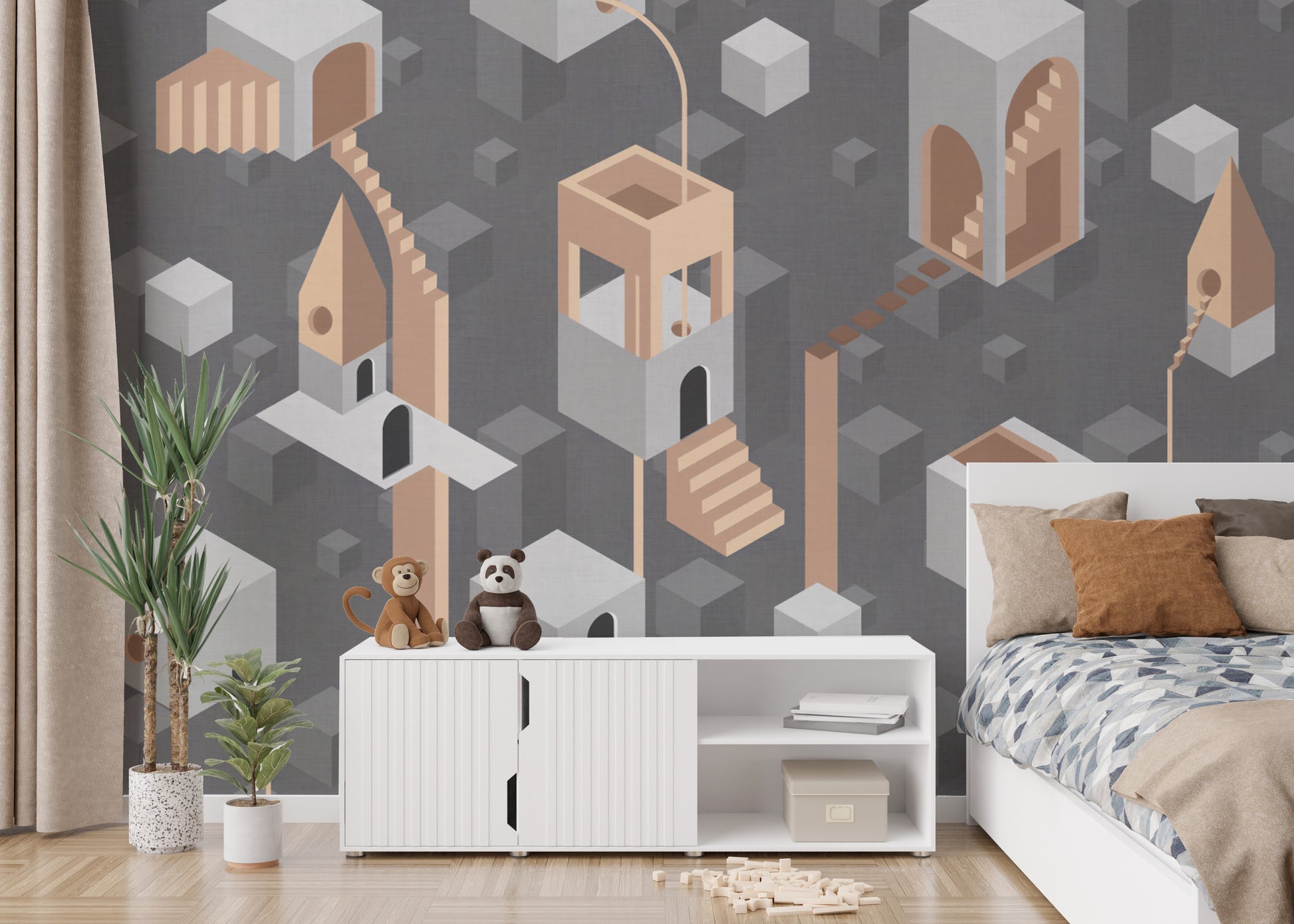 Modern Gray Surreal Geometric Architecture Wallpaper for Walls
