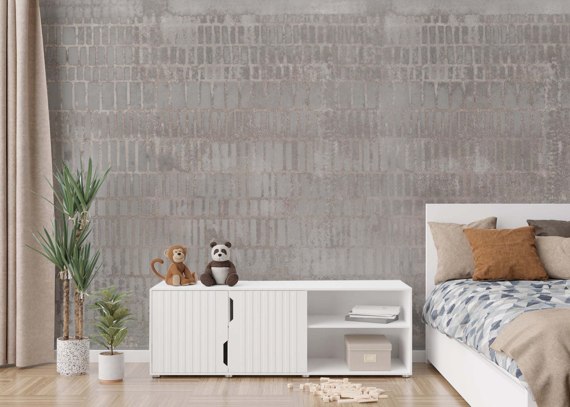 Textured concrete grid wallpaper for modern interiors
