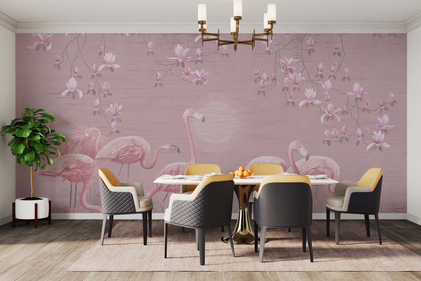 Sophisticated flamingo and magnolia wallpaper for living spaces