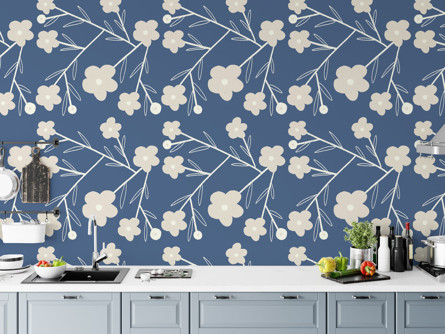 Contemporary Navy Blue Modern Flower Buds Bush Wallpaper
