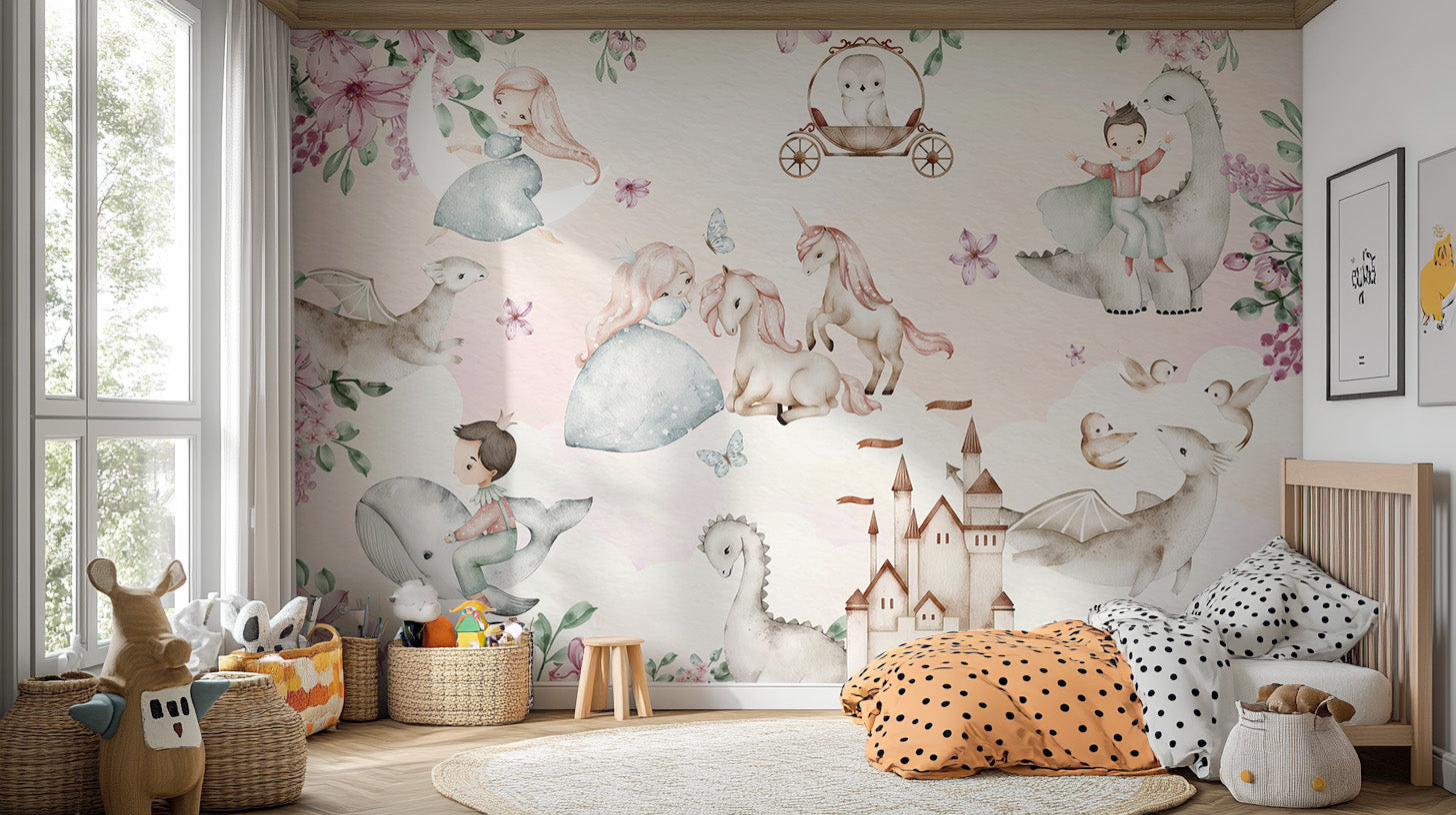 Adventure-filled storybook mural with fairytale characters