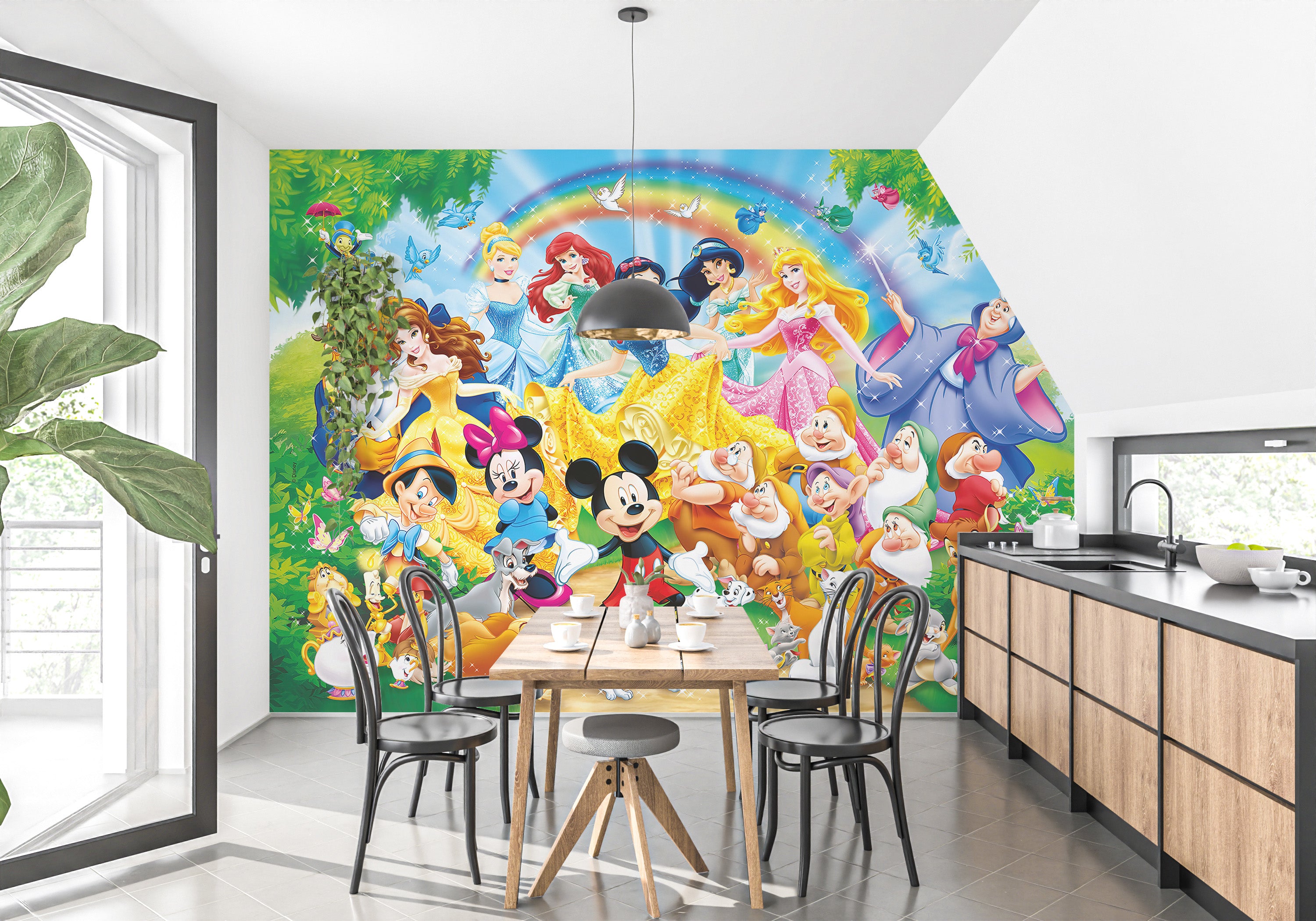 Whimsical Disney mural with animated dynasty characters
