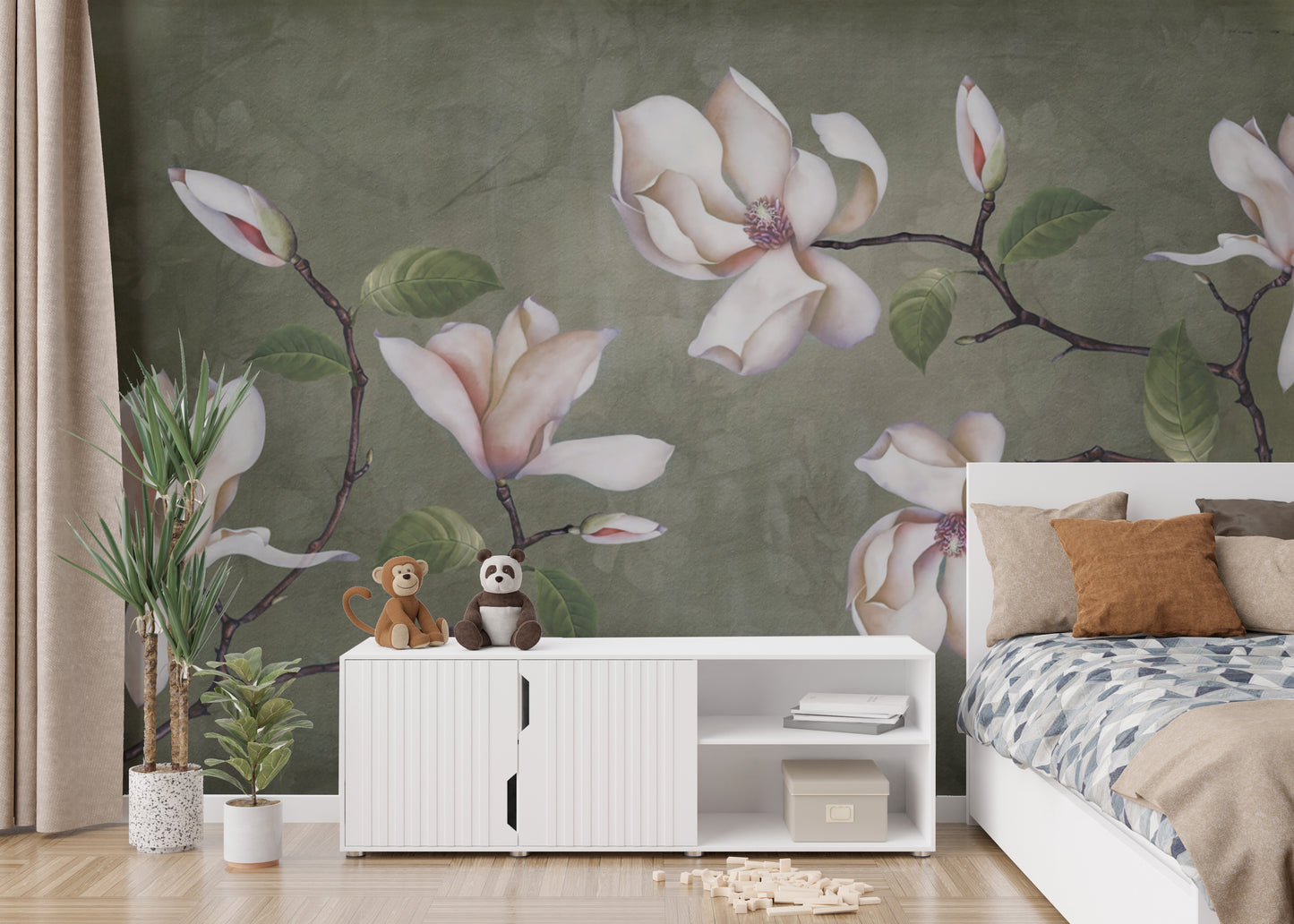 Peel-and-stick vintage blossom mural for hassle-free decor.