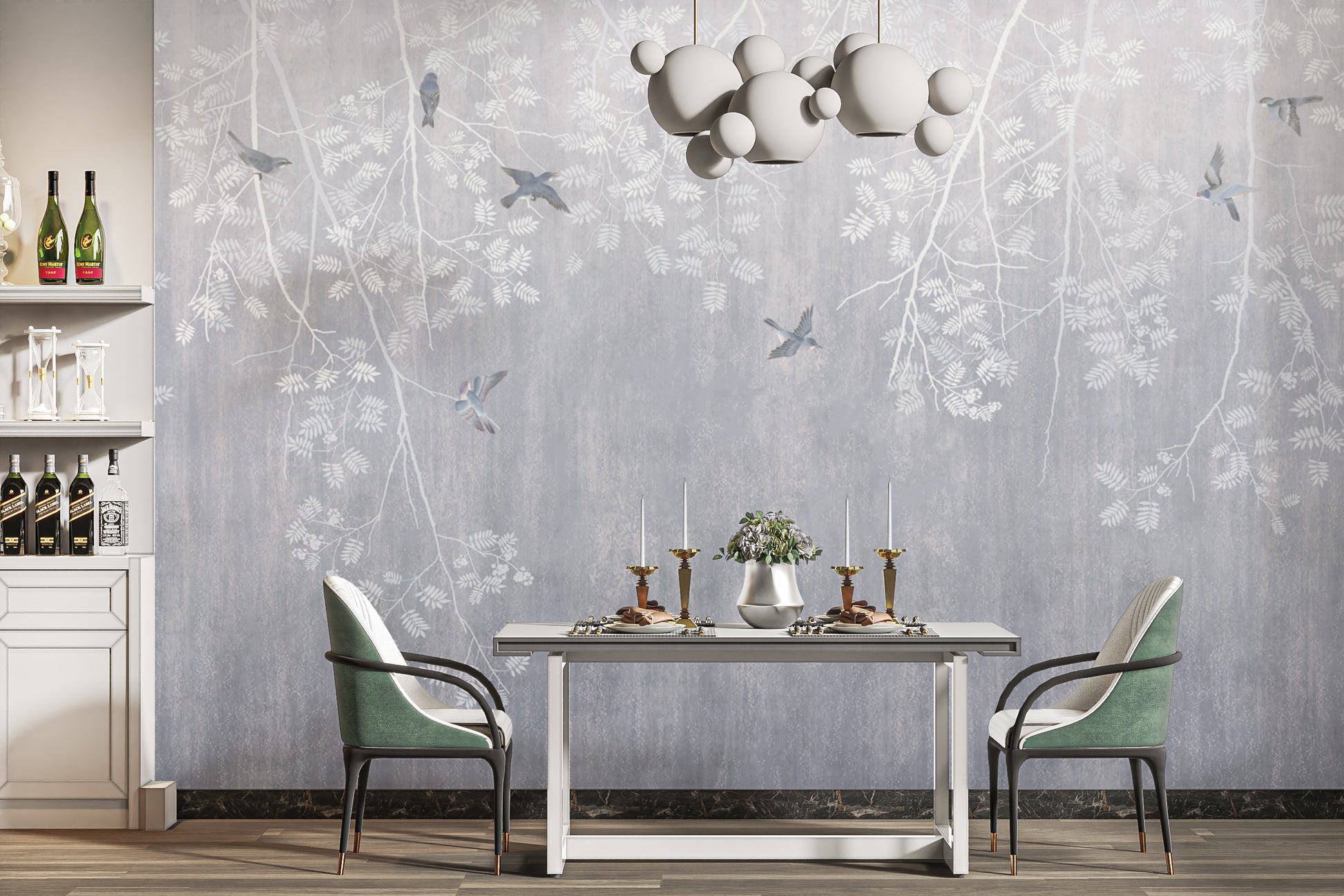 Sophisticated neutral wall mural with birds and branches




