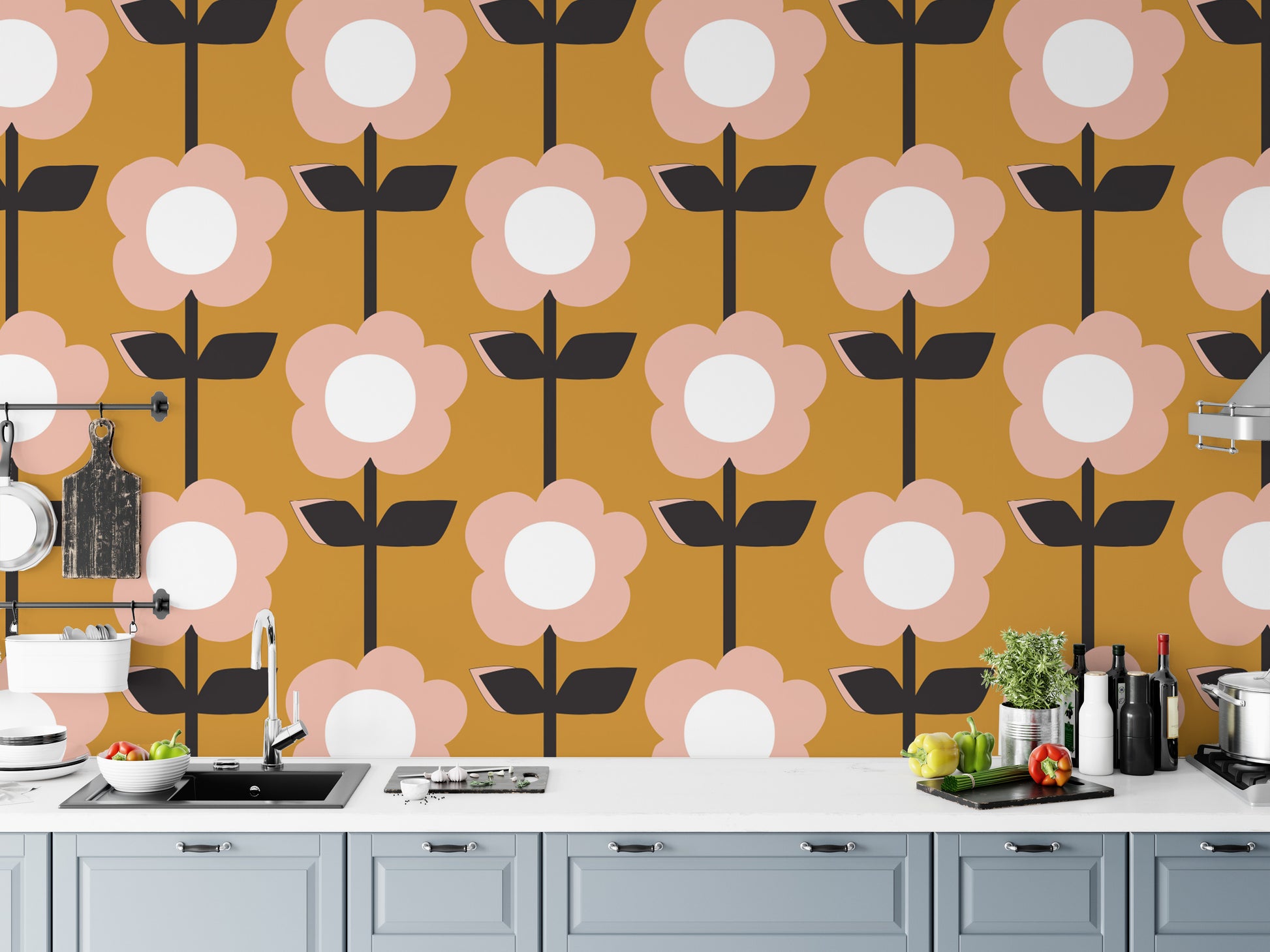 Add charm with Flower Mustard Design Retro Wallpaper