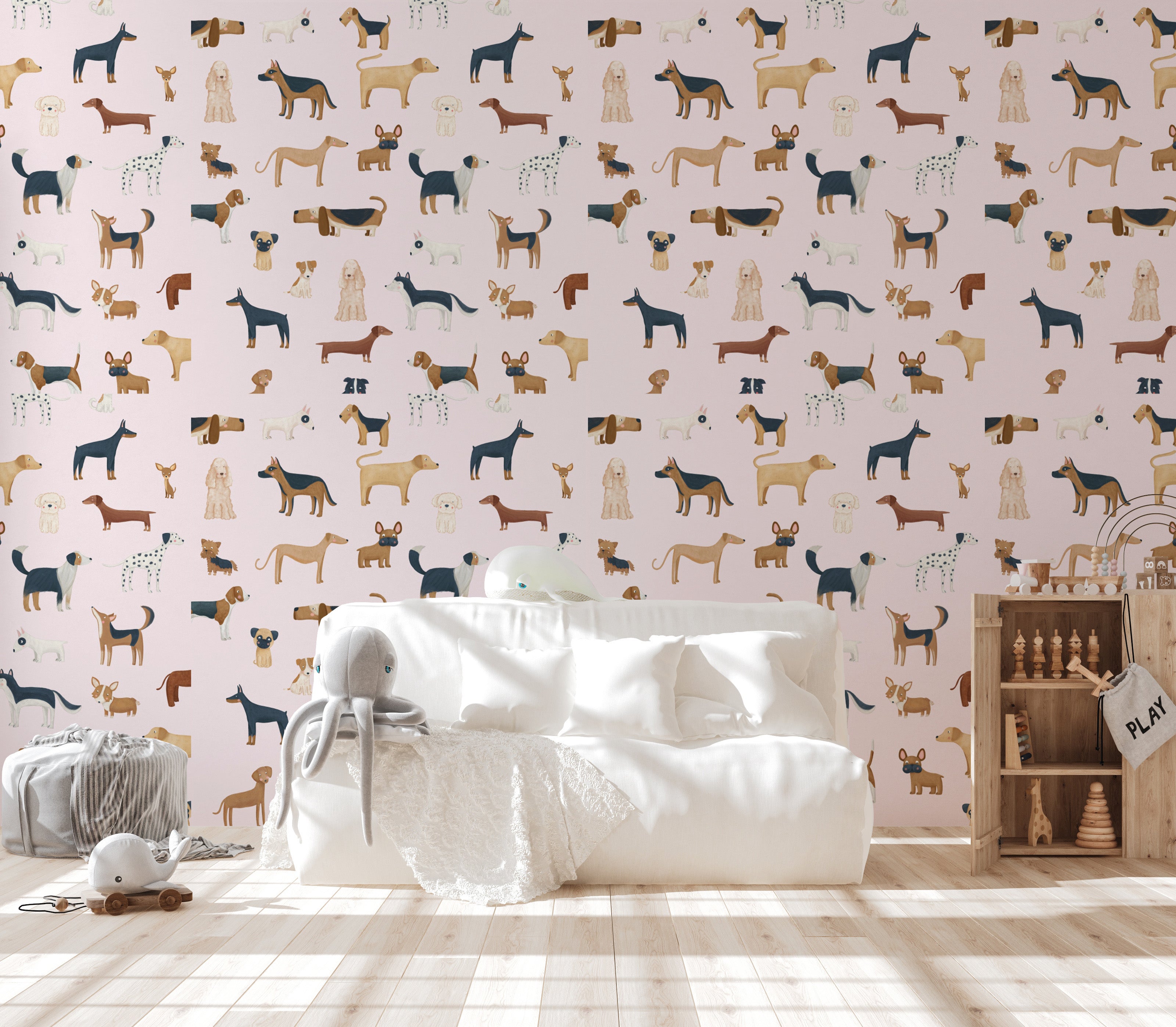 Pink canine wallpaper with playful pups
