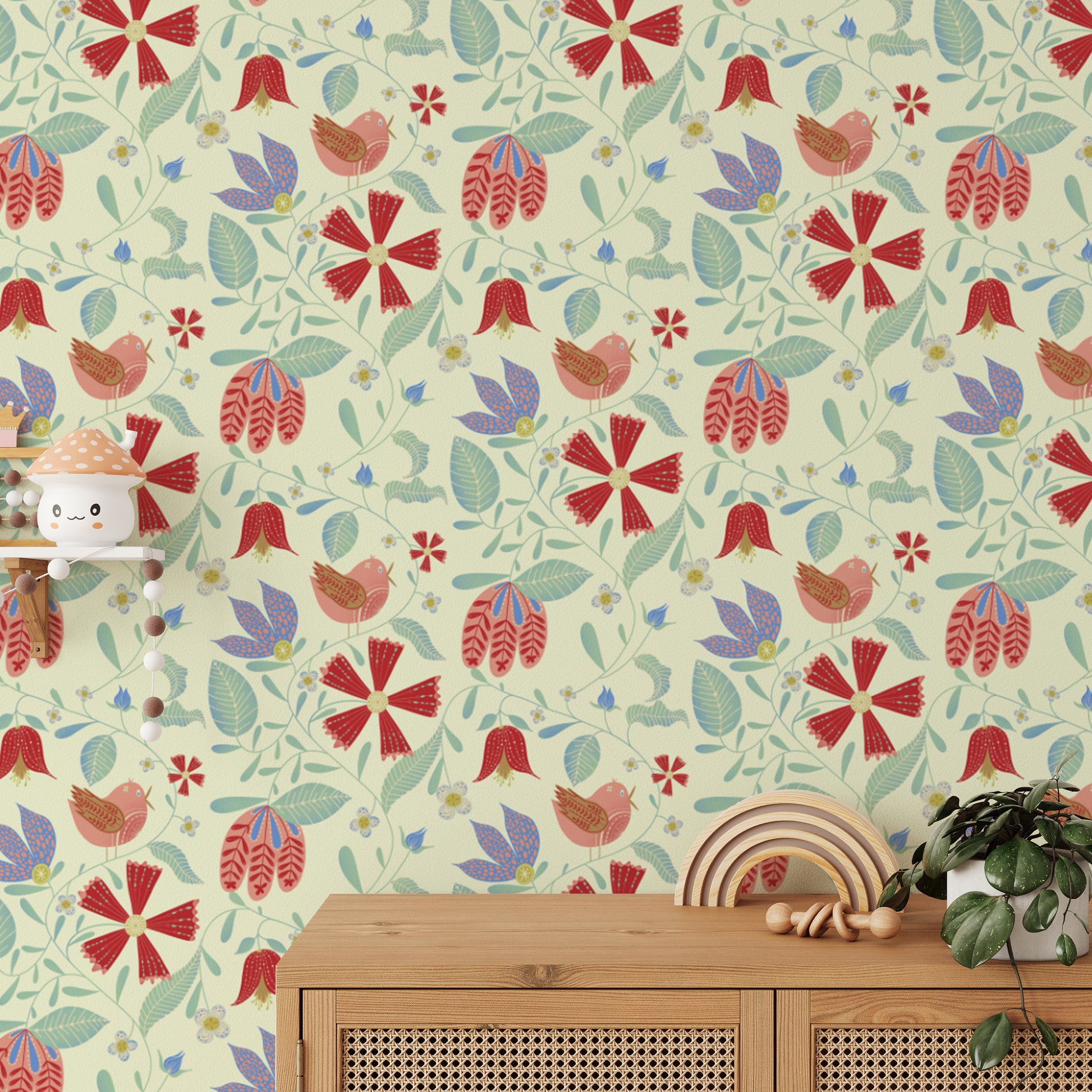 Intricate wallpaper with traditional folksy bird motifs.
