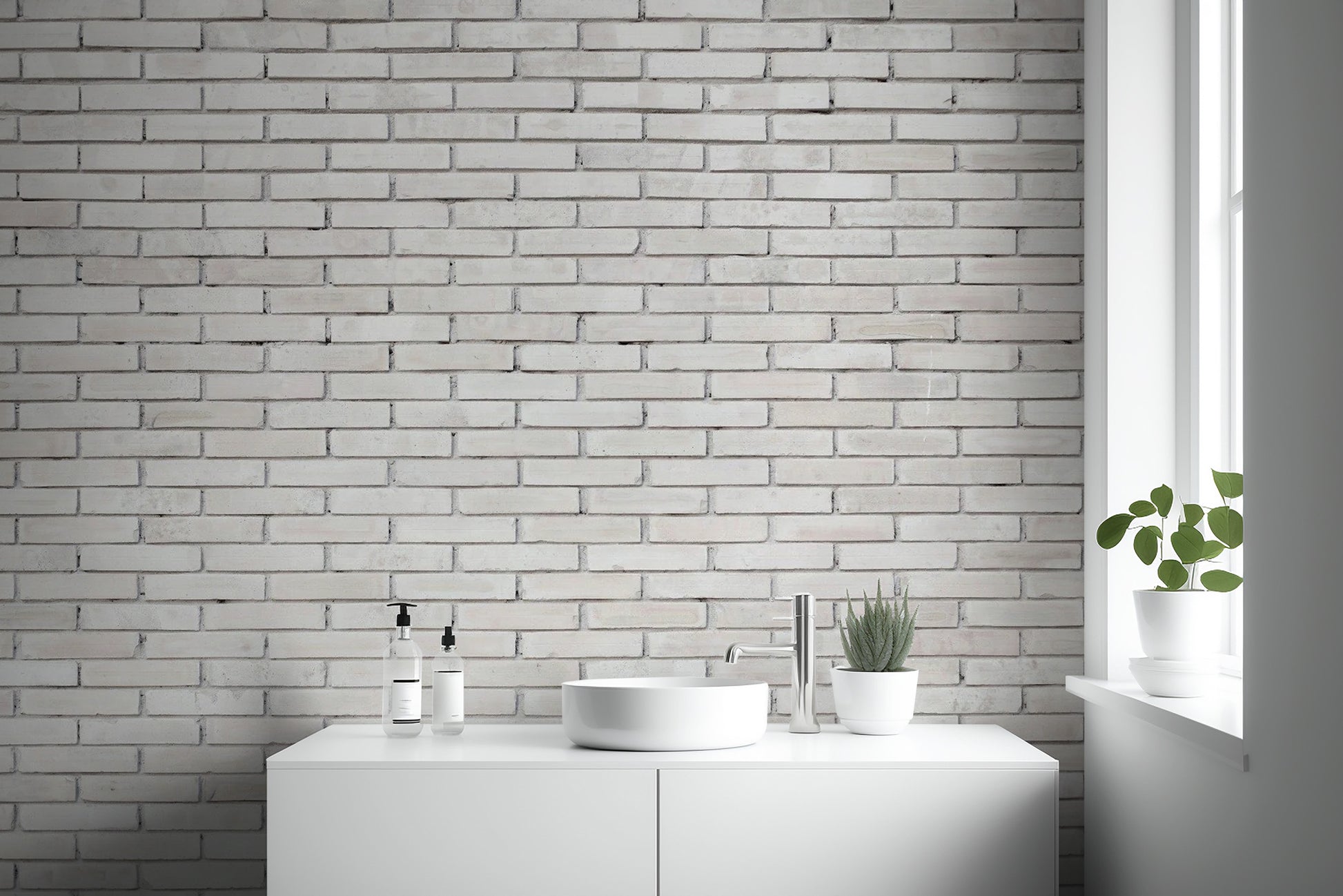 Industrial-style white brick wallpaper for rustic interiors.