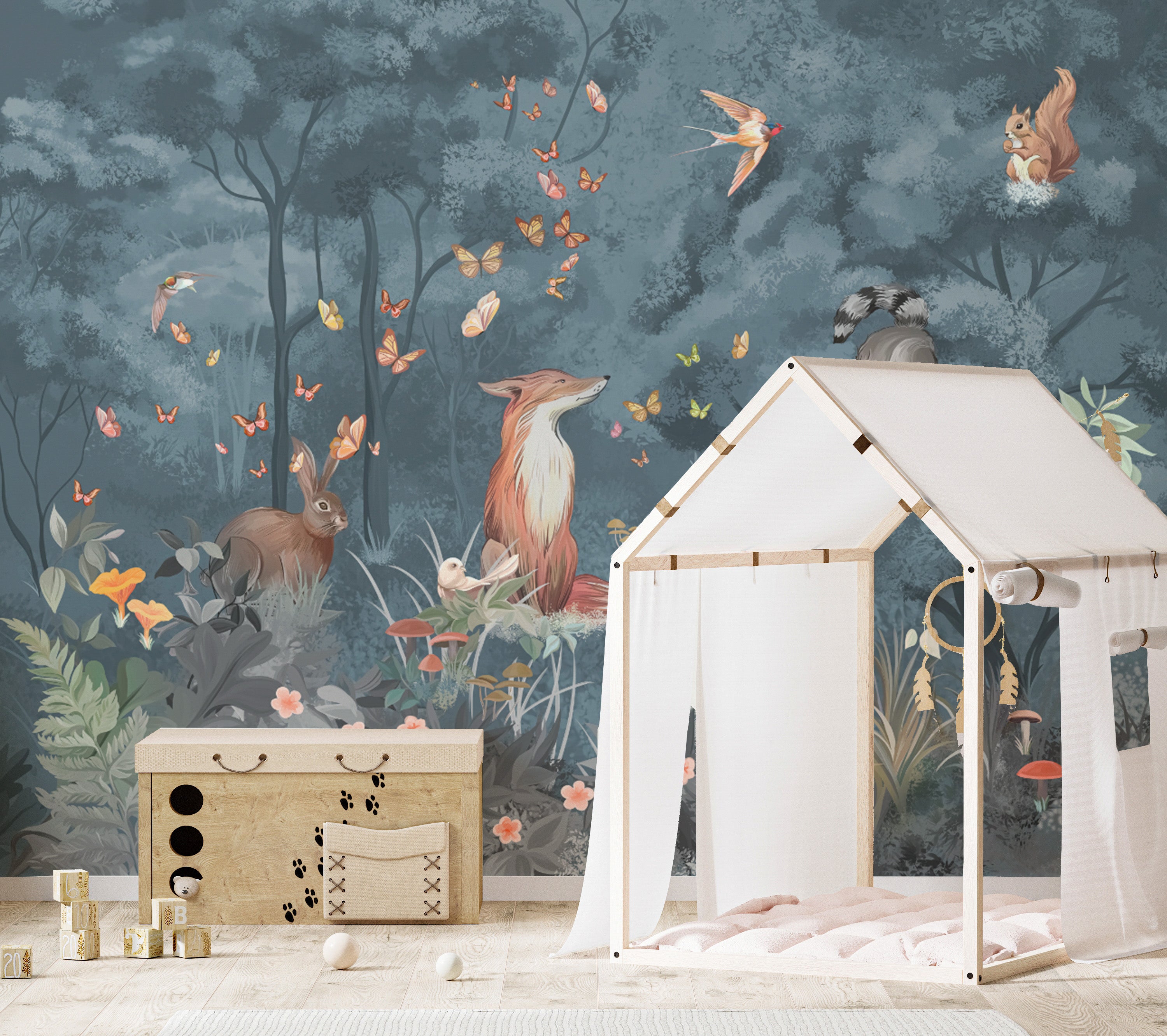 Cozy forest scene with woodland creatures wallpaper mural.
