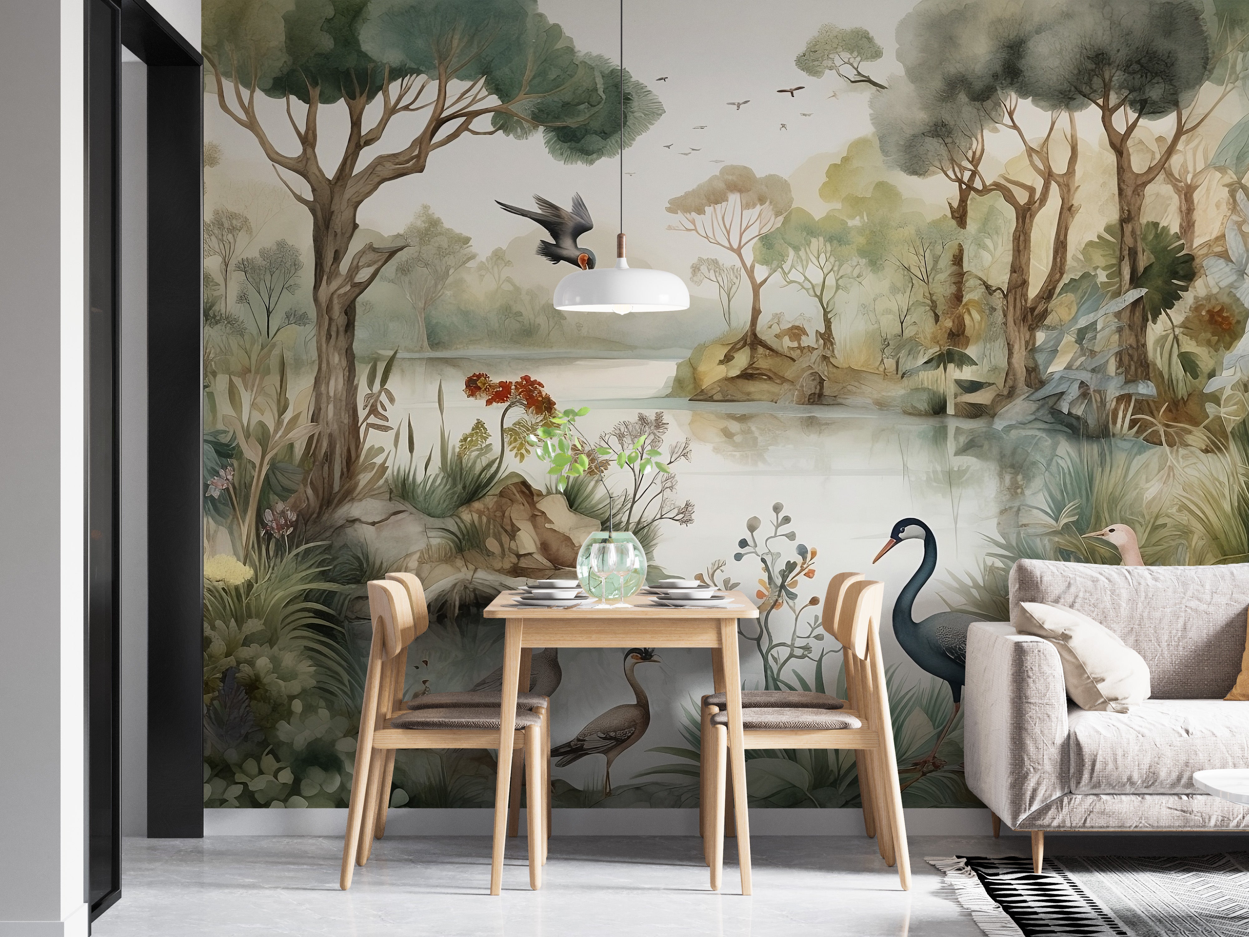 Elegant tropical peacock wall mural tones
