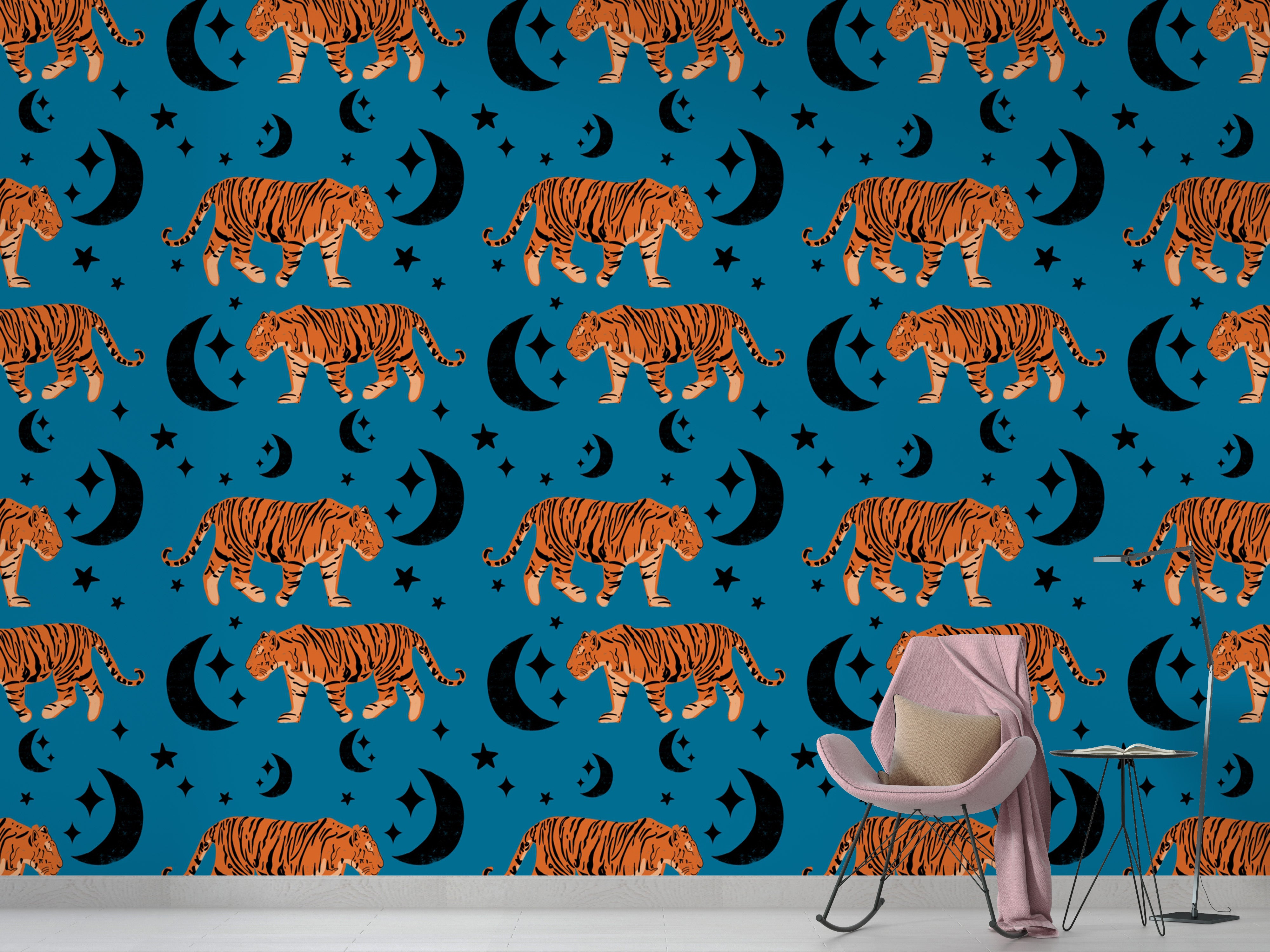 Blue tiger design Tiger Moon Blue Kids Wallpaper