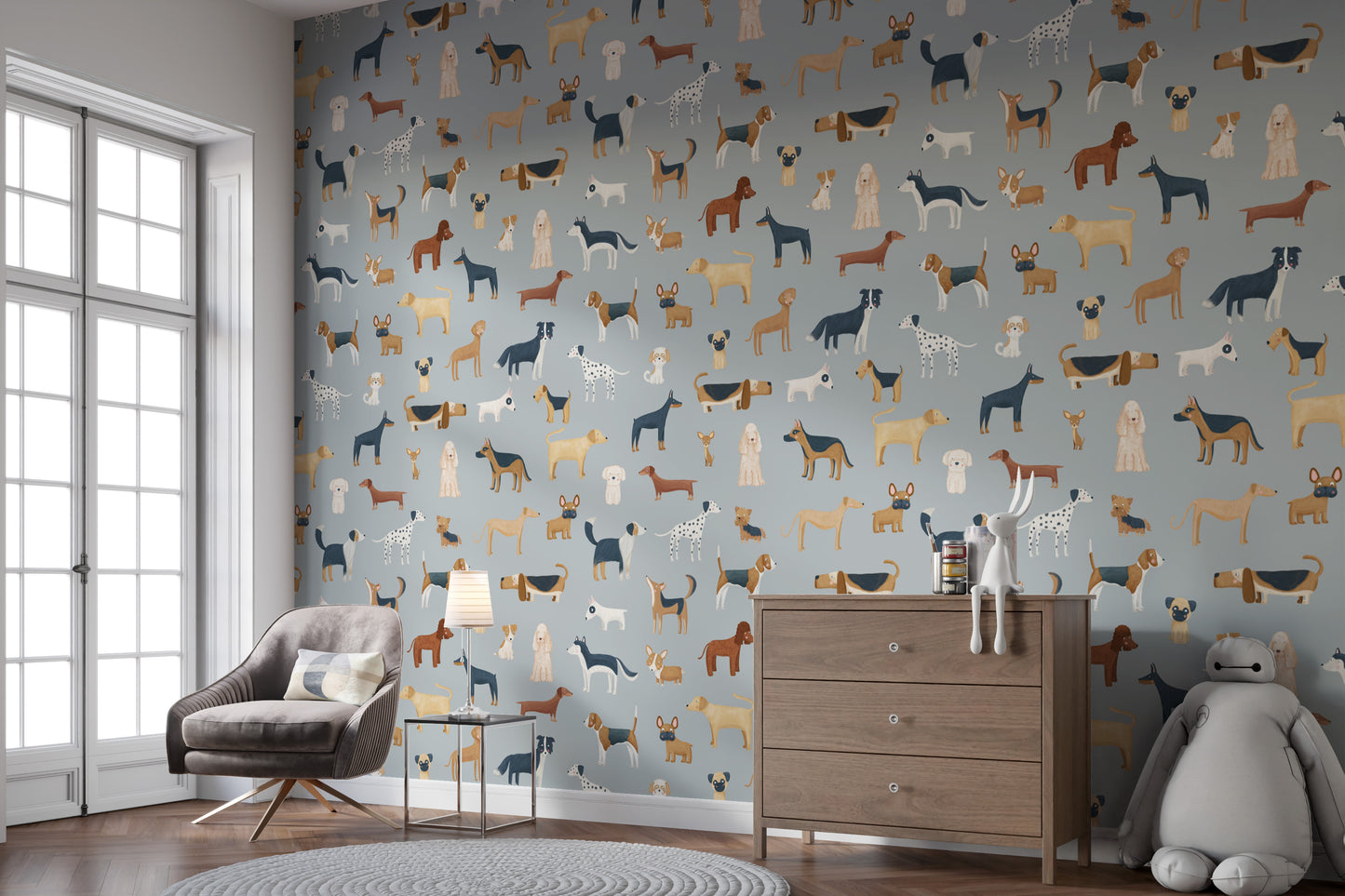 Nursery decor with cute canine pattern wallpaper
