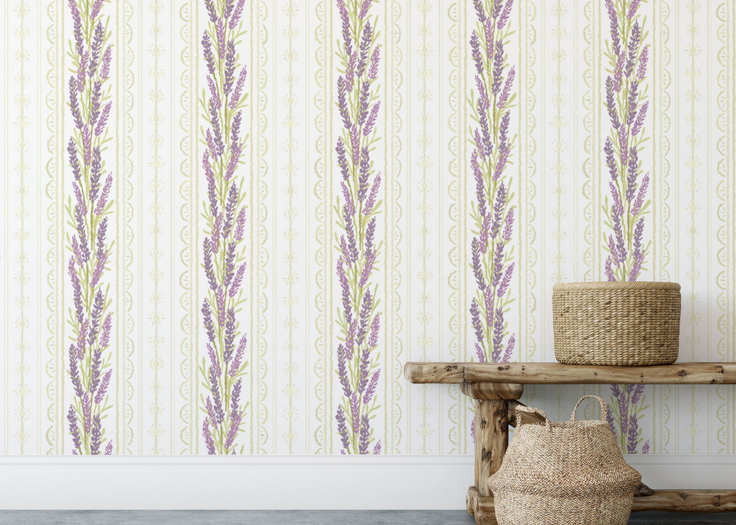 Lavender floral stripes on white background
