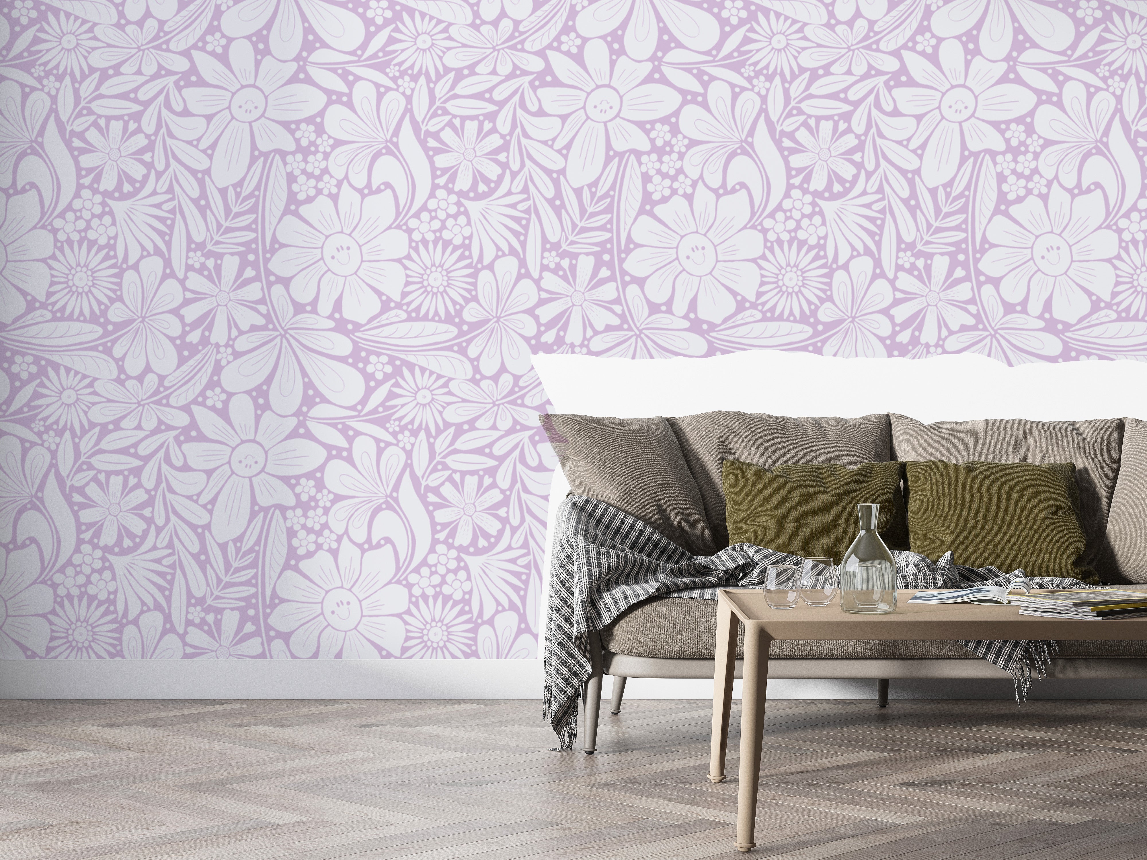 Cheerful happy blooms lilac wallpaper with vibrant floral designs.
