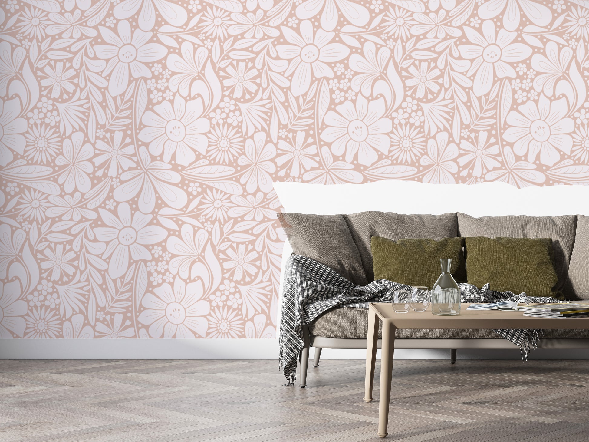 Artistic happy blooms wallpaper with subtle pastel pink tones.
