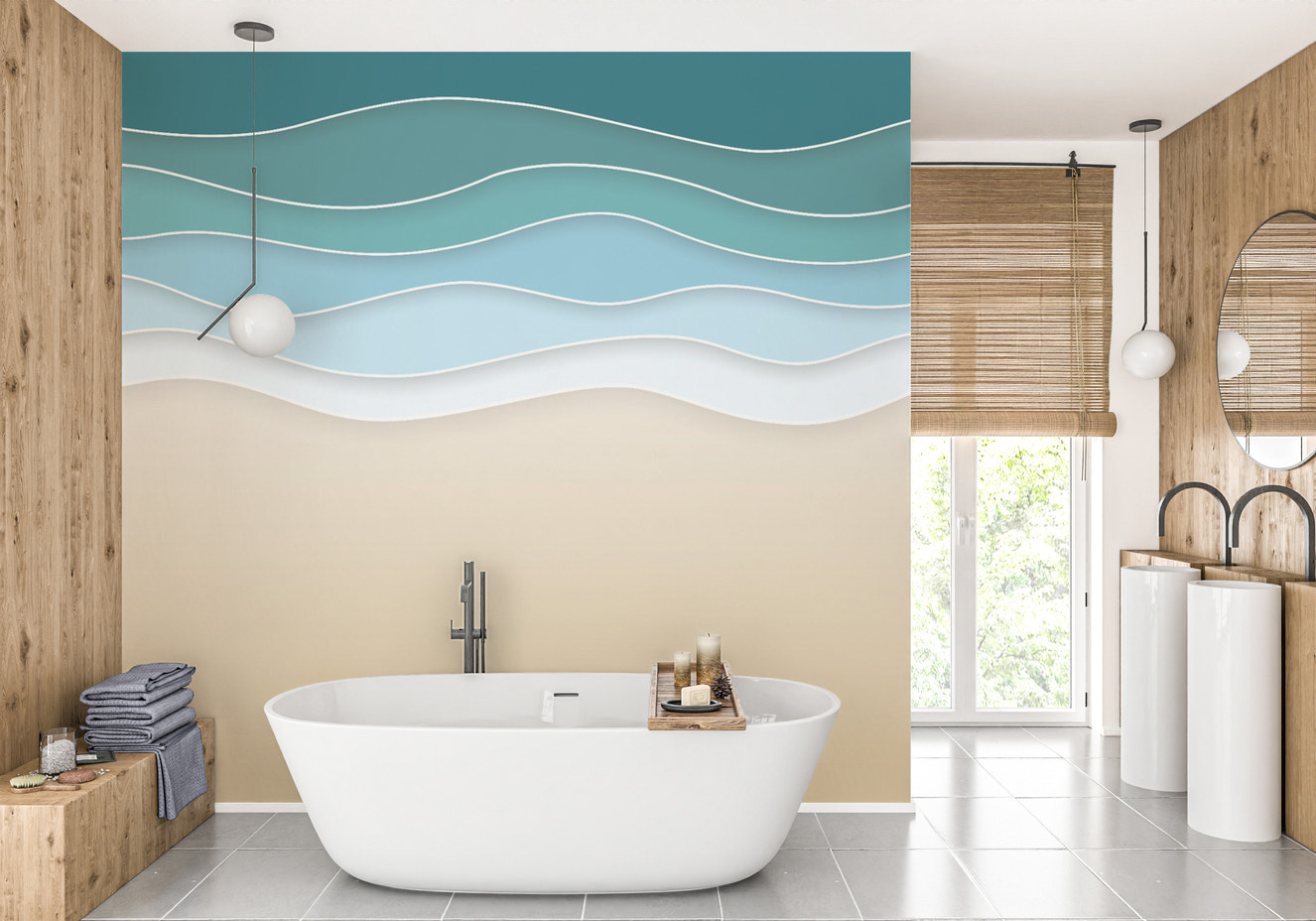 Layered ocean waves mural for serene coastal vibes.