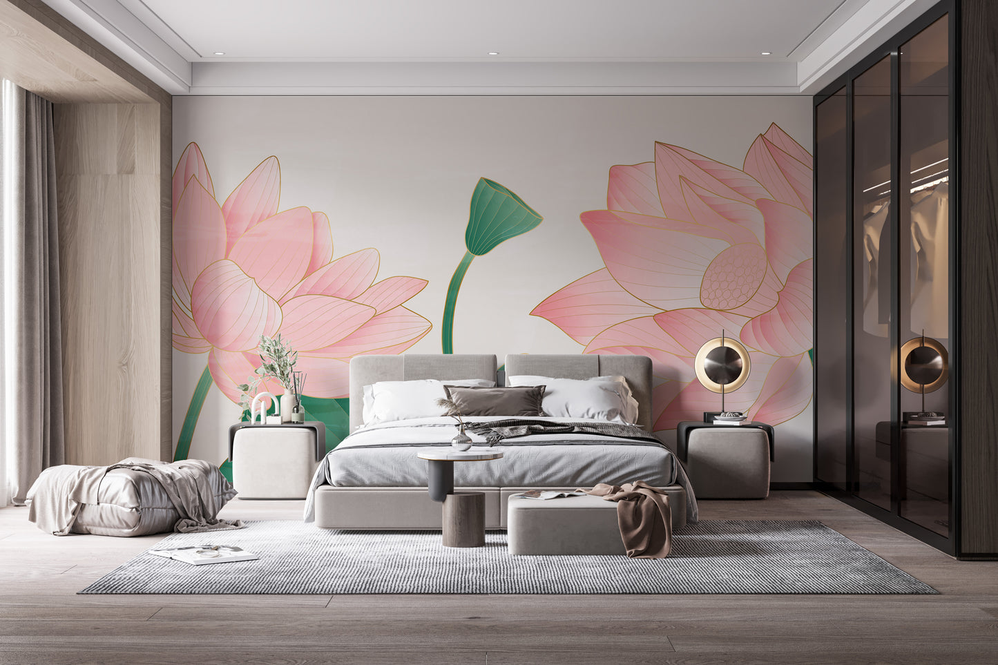 Large Golden & Pink Lotus Wallpaper Murals