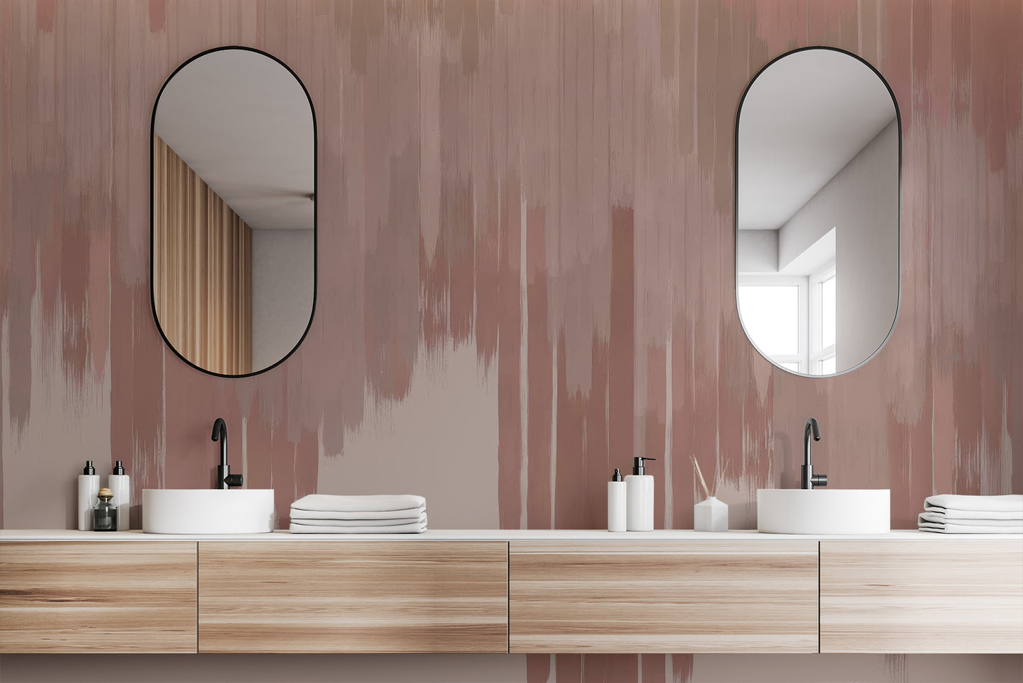 Copper pink foliage wallpaper brings elegance to bathroom decor.