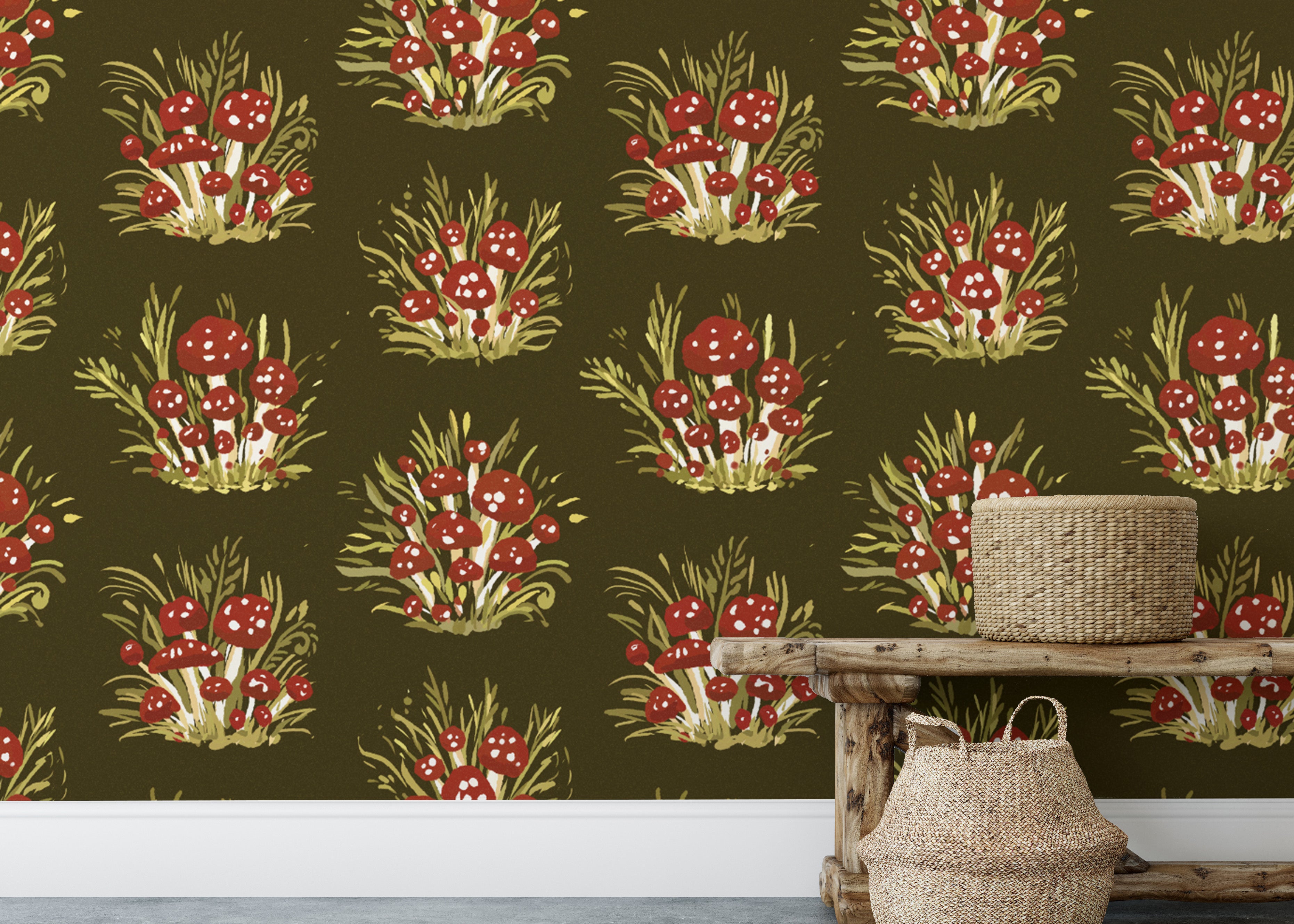 Stylish mushroom millefleurs dark wallpaper for rustic chic spaces.
