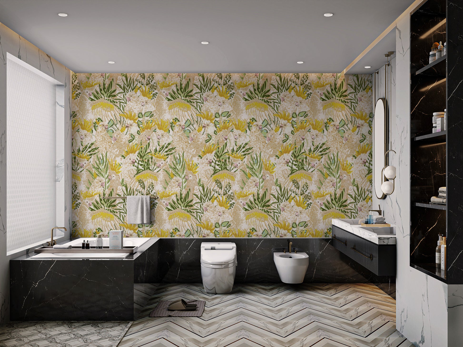 Sophisticated Exotic Aviary wallpaper showcasing tropical beauty.
