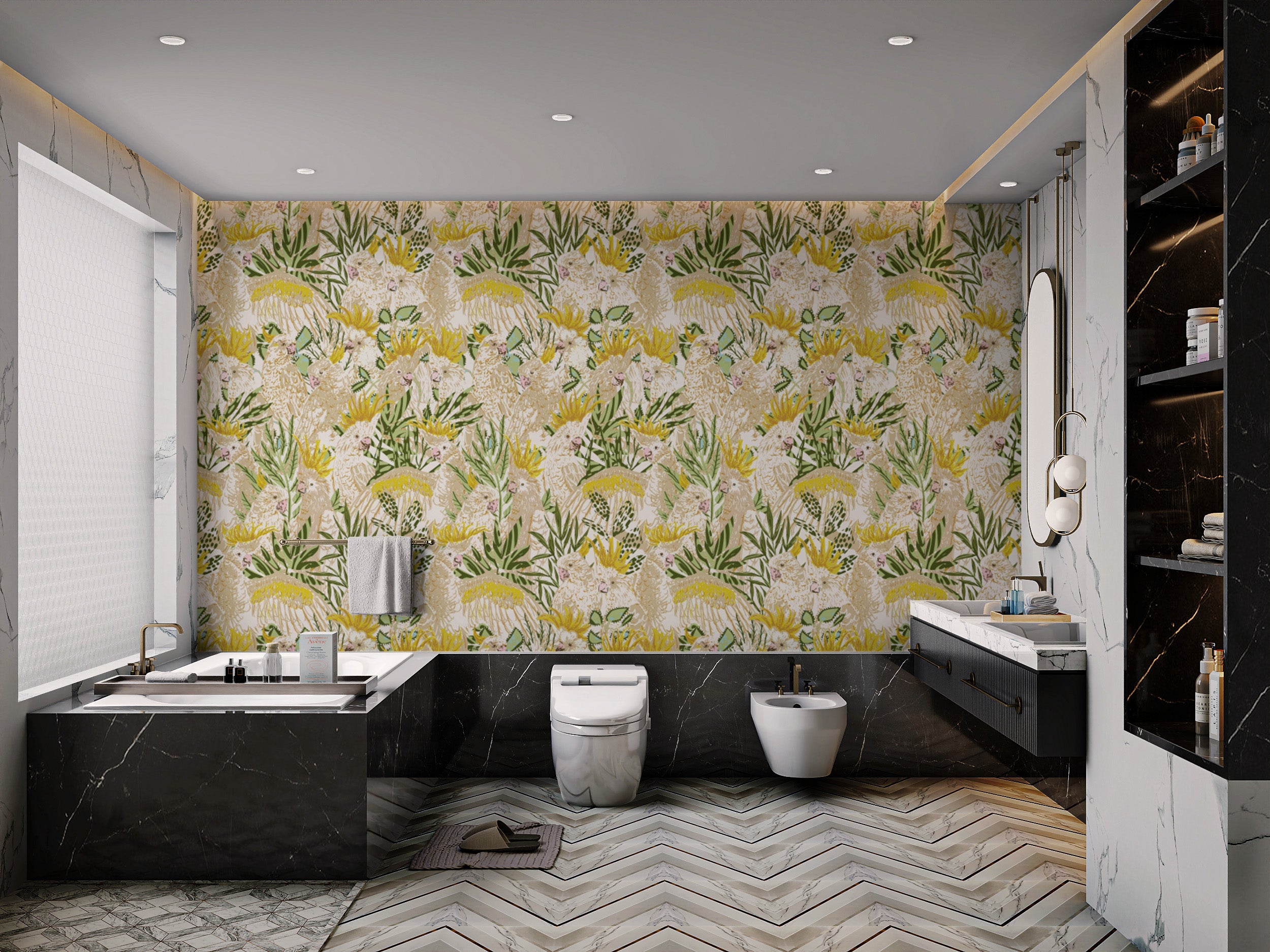 Sophisticated Exotic Aviary wallpaper showcasing tropical beauty.
