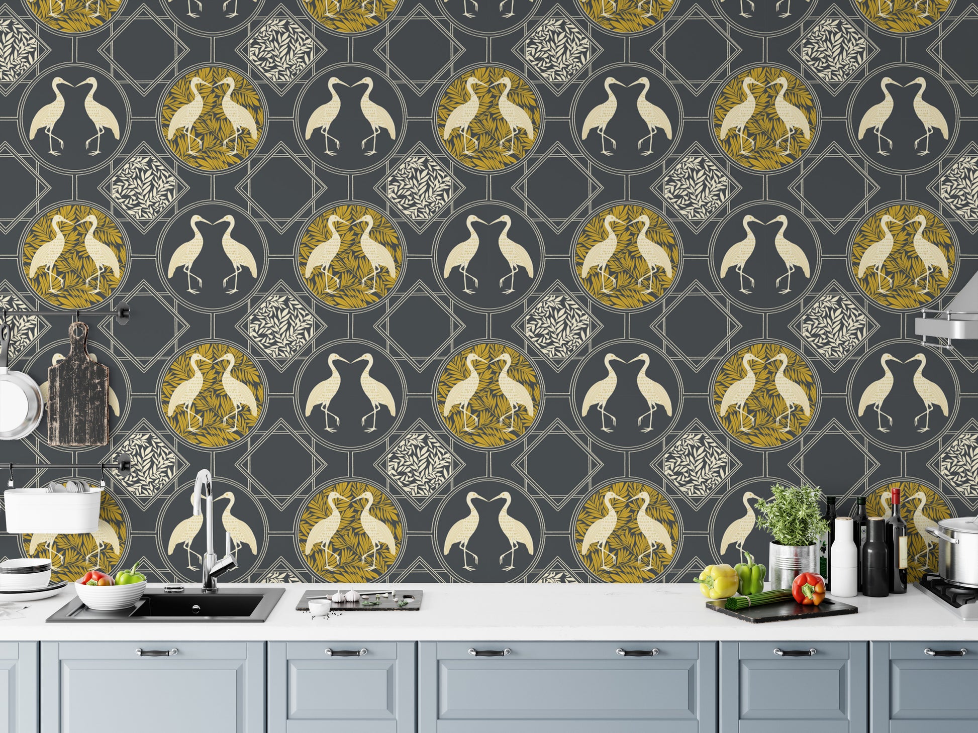 Sophisticated heron art deco wallpaper design
