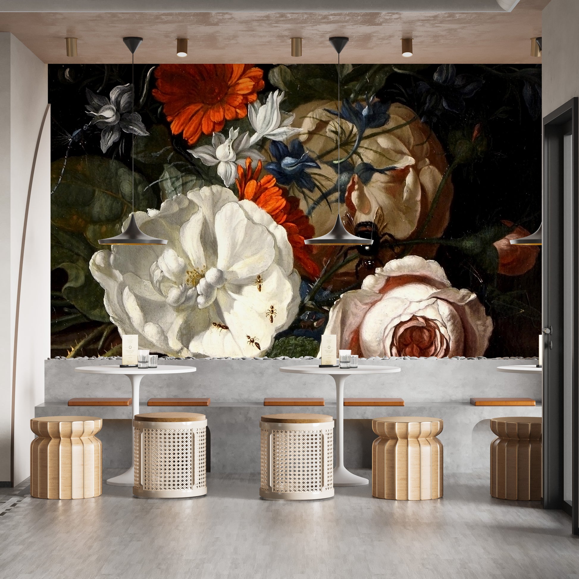 Artistic mural featuring detailed floral designs
