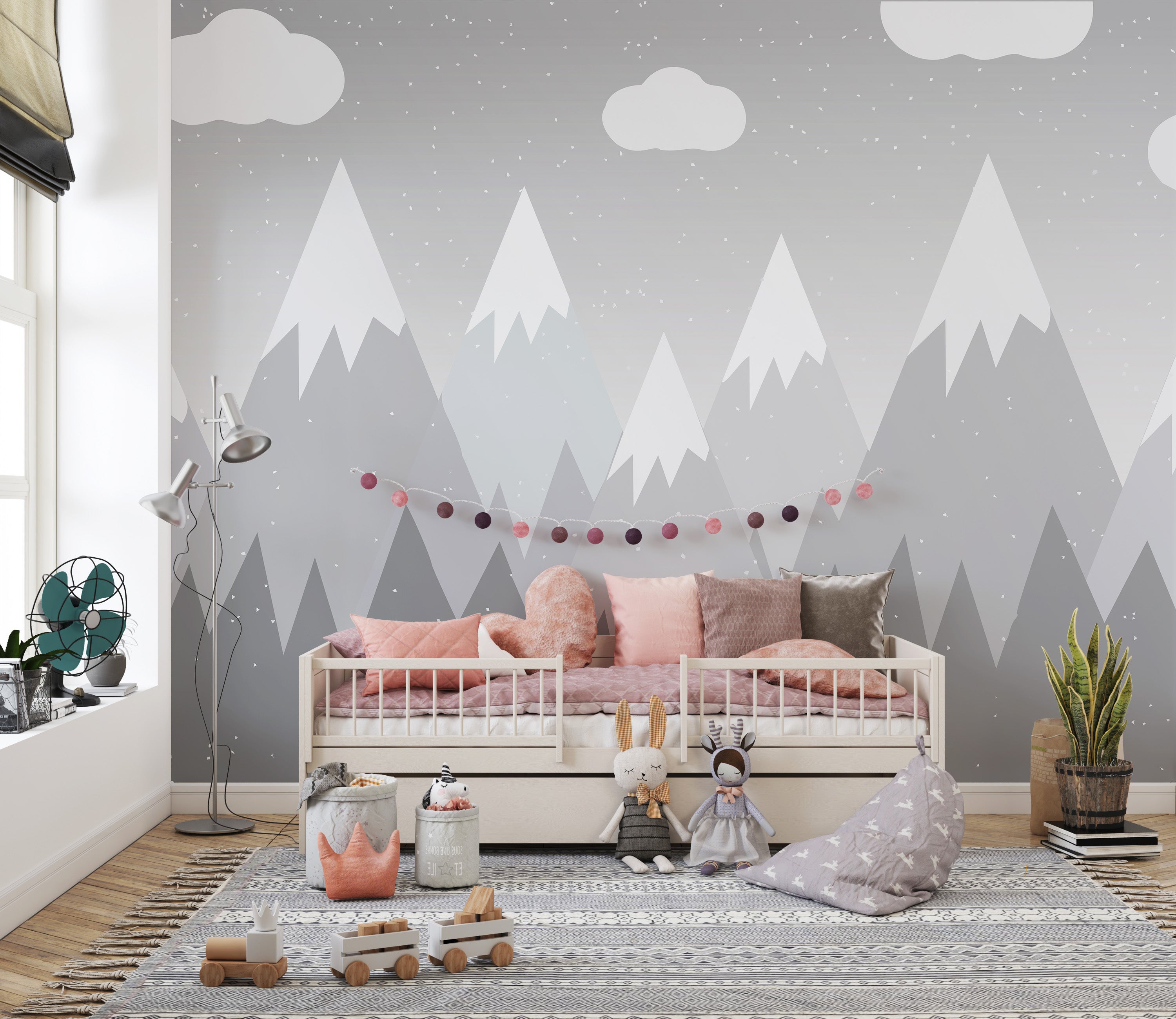 Grey mountain wallpaper mural inspiring adventure for kids.
