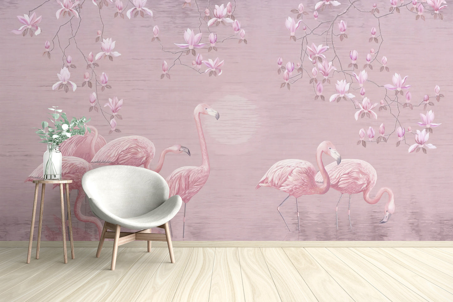 Artistic flamingo and magnolia wallpaper for interiors