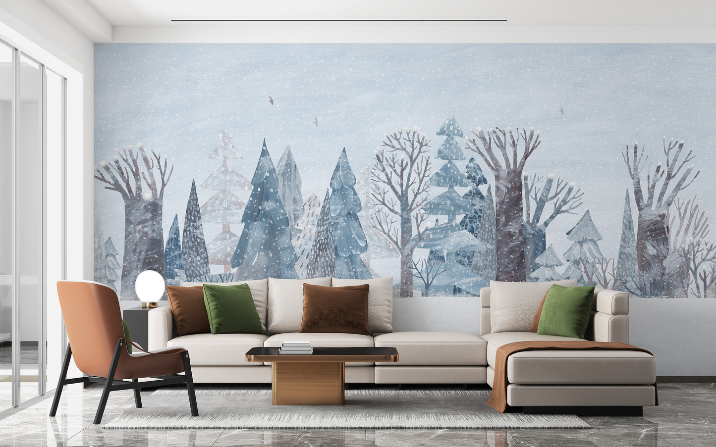 Enchanting forest winter wonderland wallpaper mural for interiors.