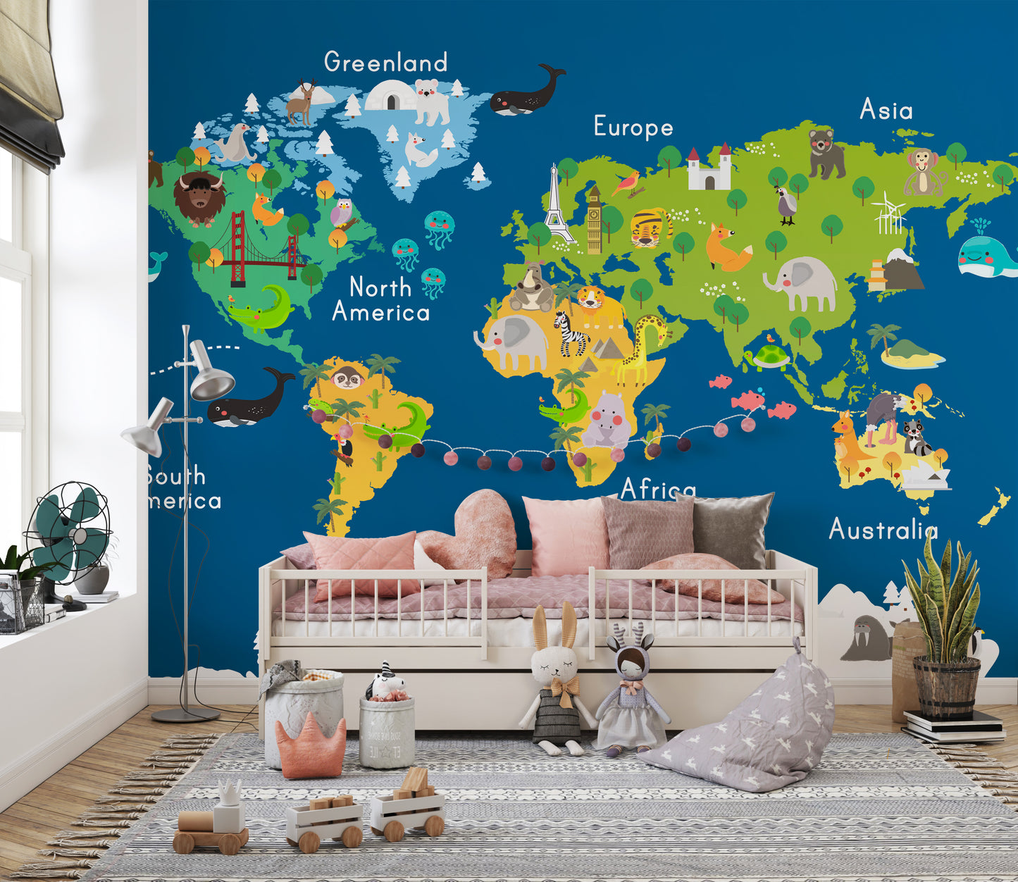 Kids World Map Blue Wallpaper Mural