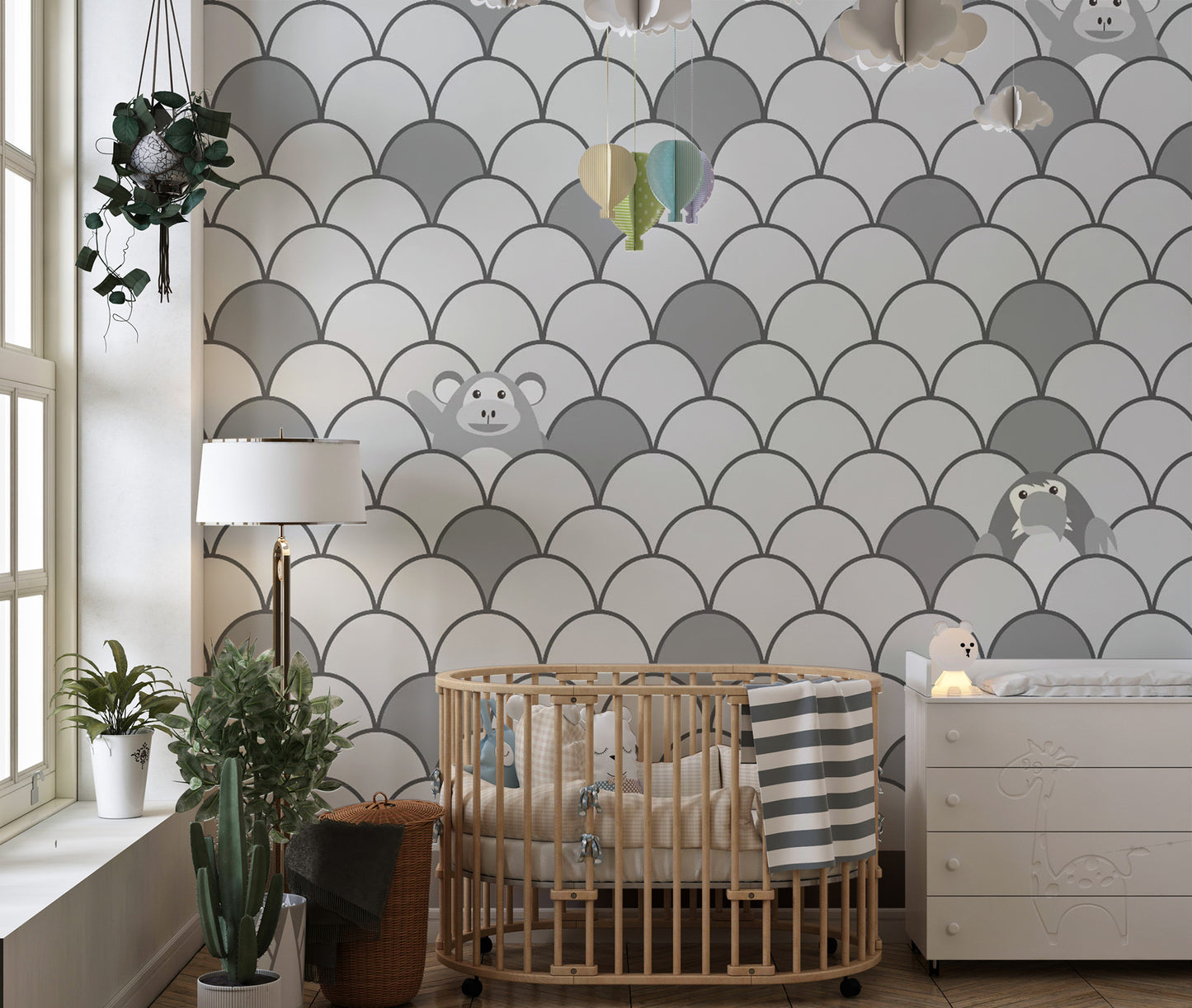 Grey Color Kids Animated Motifs Wallpaper Mural