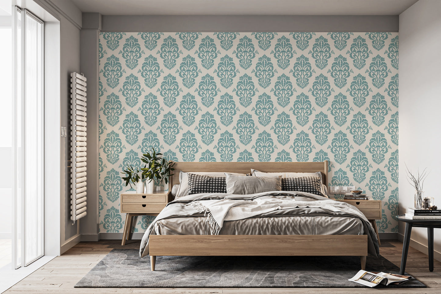 Damask Pattern Wallpaper in White and Blue