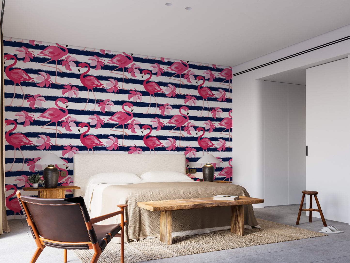 Blue Stripes & Pink Flamingo Wallpaper