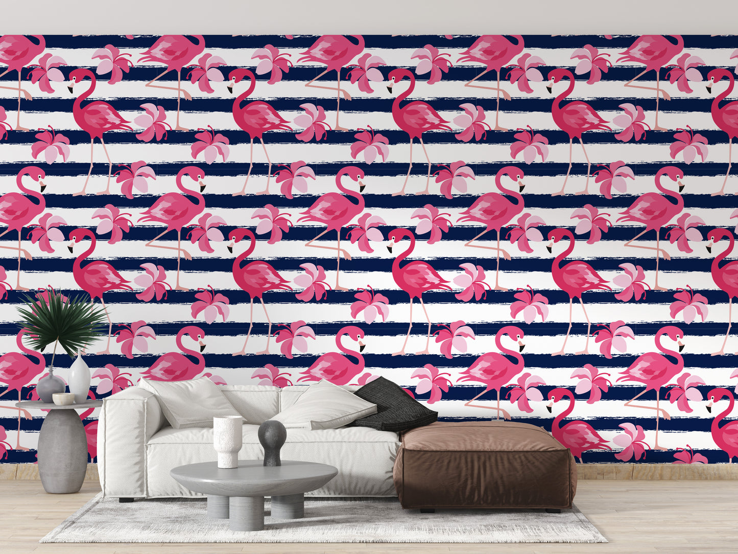 Blue Stripes & Pink Flamingo Wallpaper