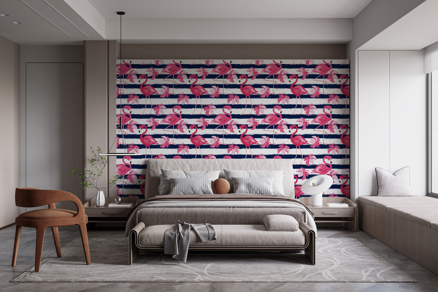 Blue Stripes & Pink Flamingo Wallpaper